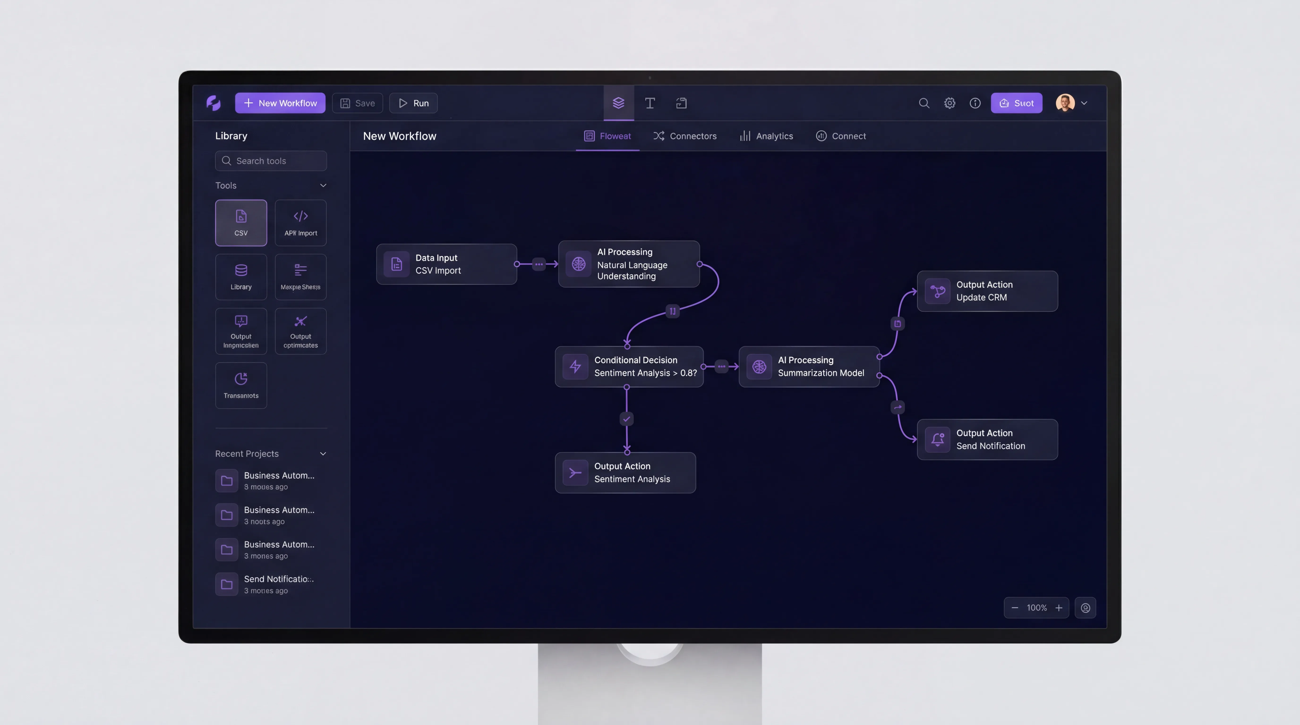 AI automation workflow builder with connected nodes and processing steps