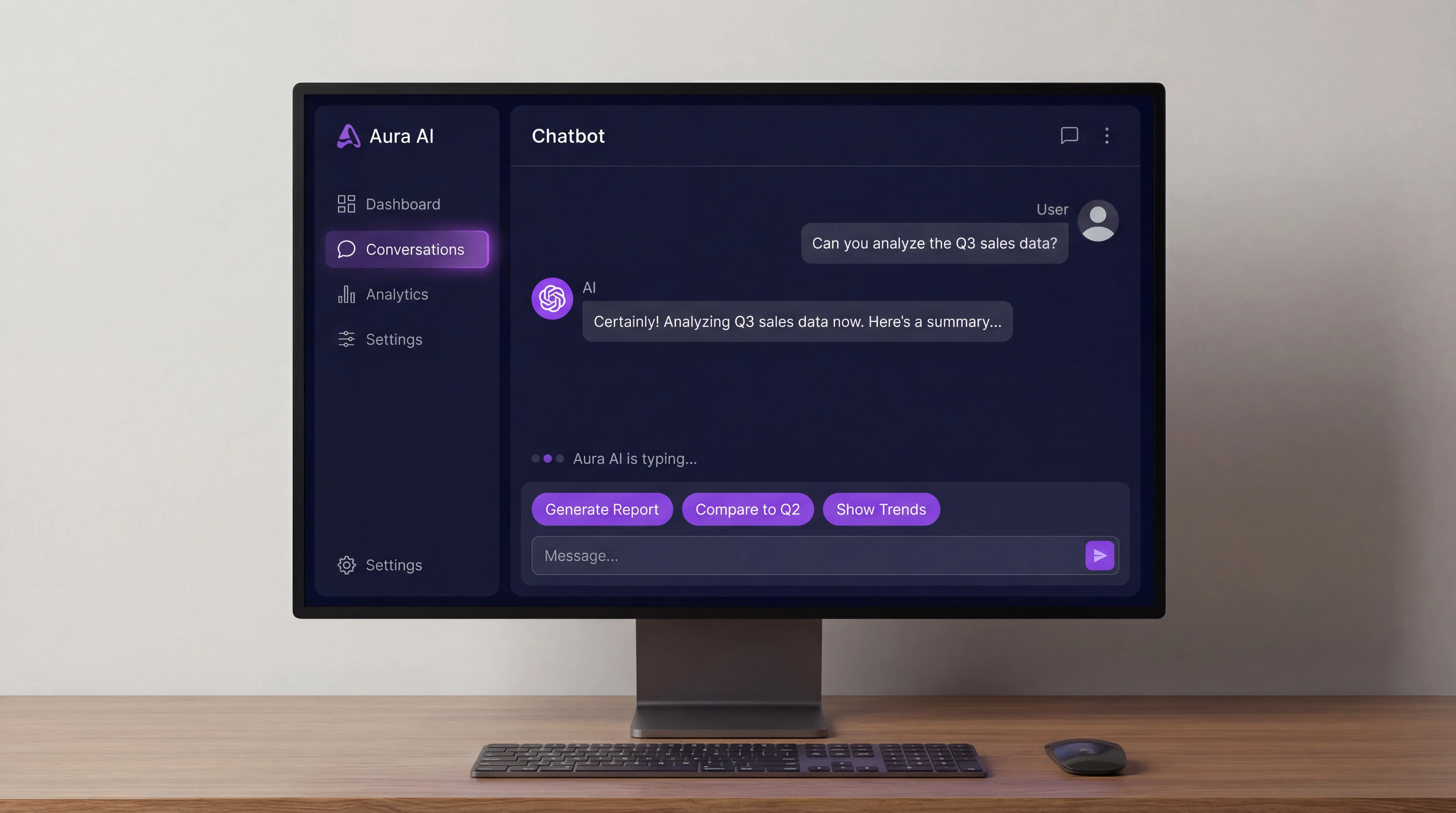 AI chatbot interface mockup showing conversation between user and intelligent assistant