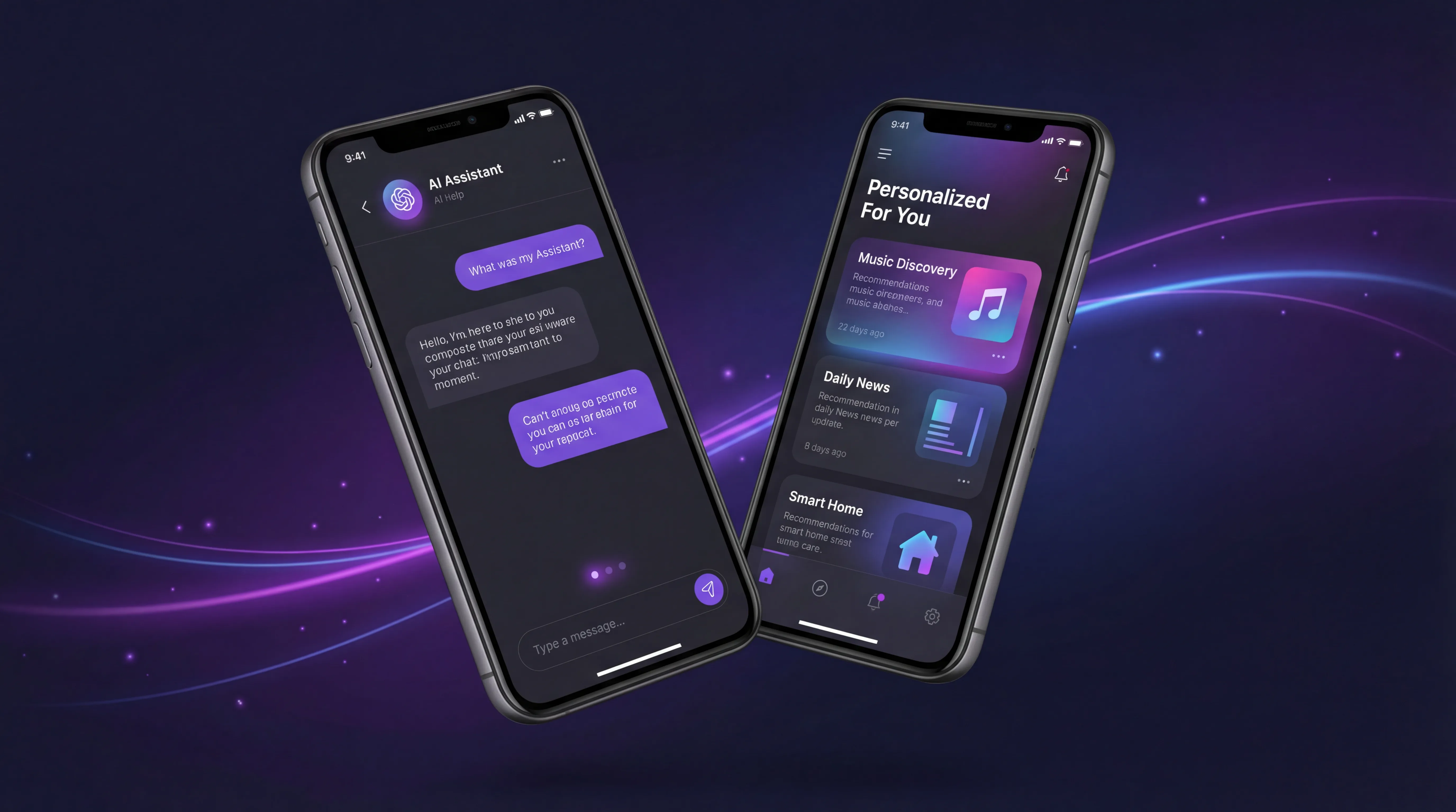 AI mobile app mockup showing iOS and Android screens with intelligent features