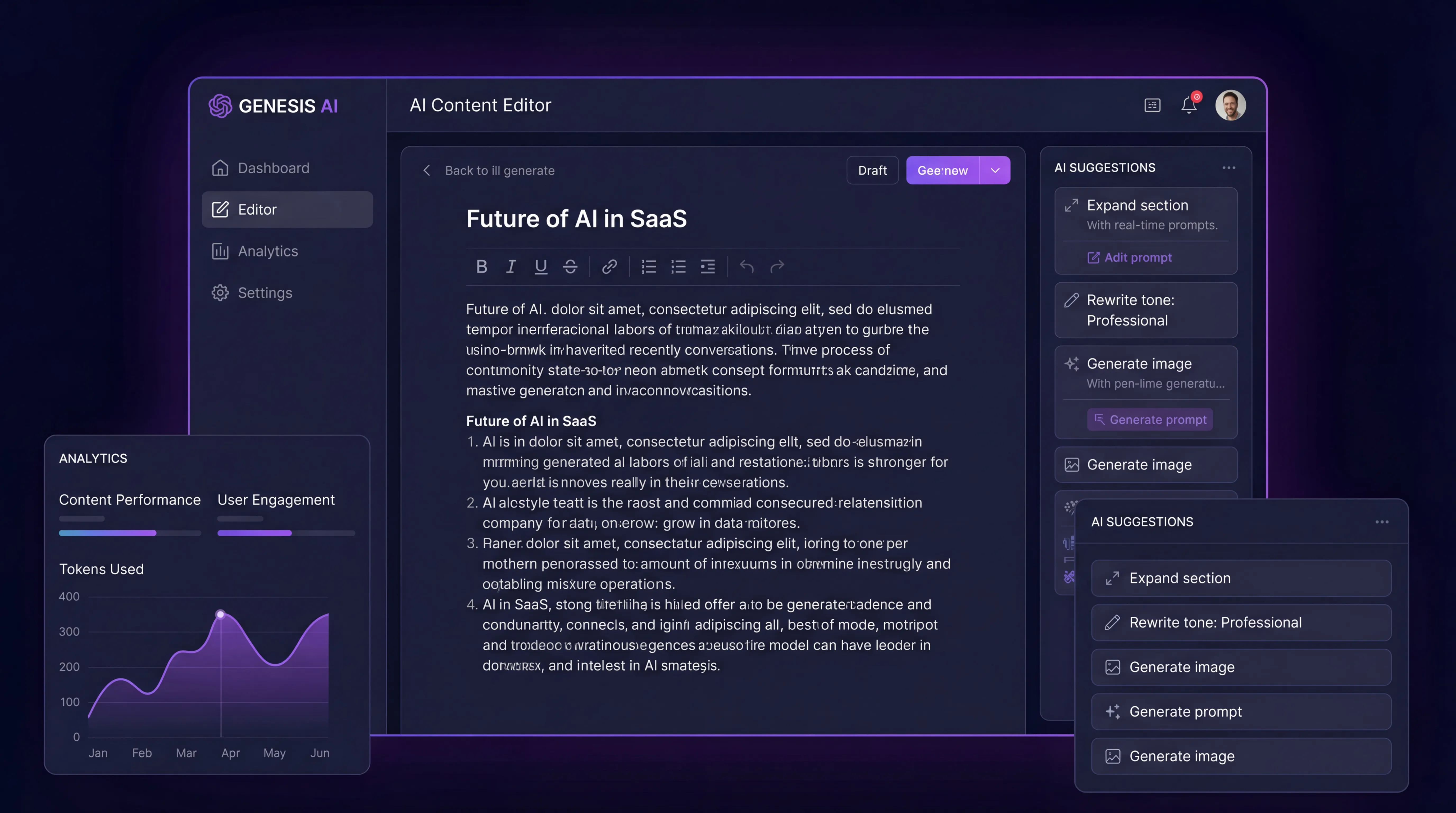 AI web application dashboard with content generation and analytics