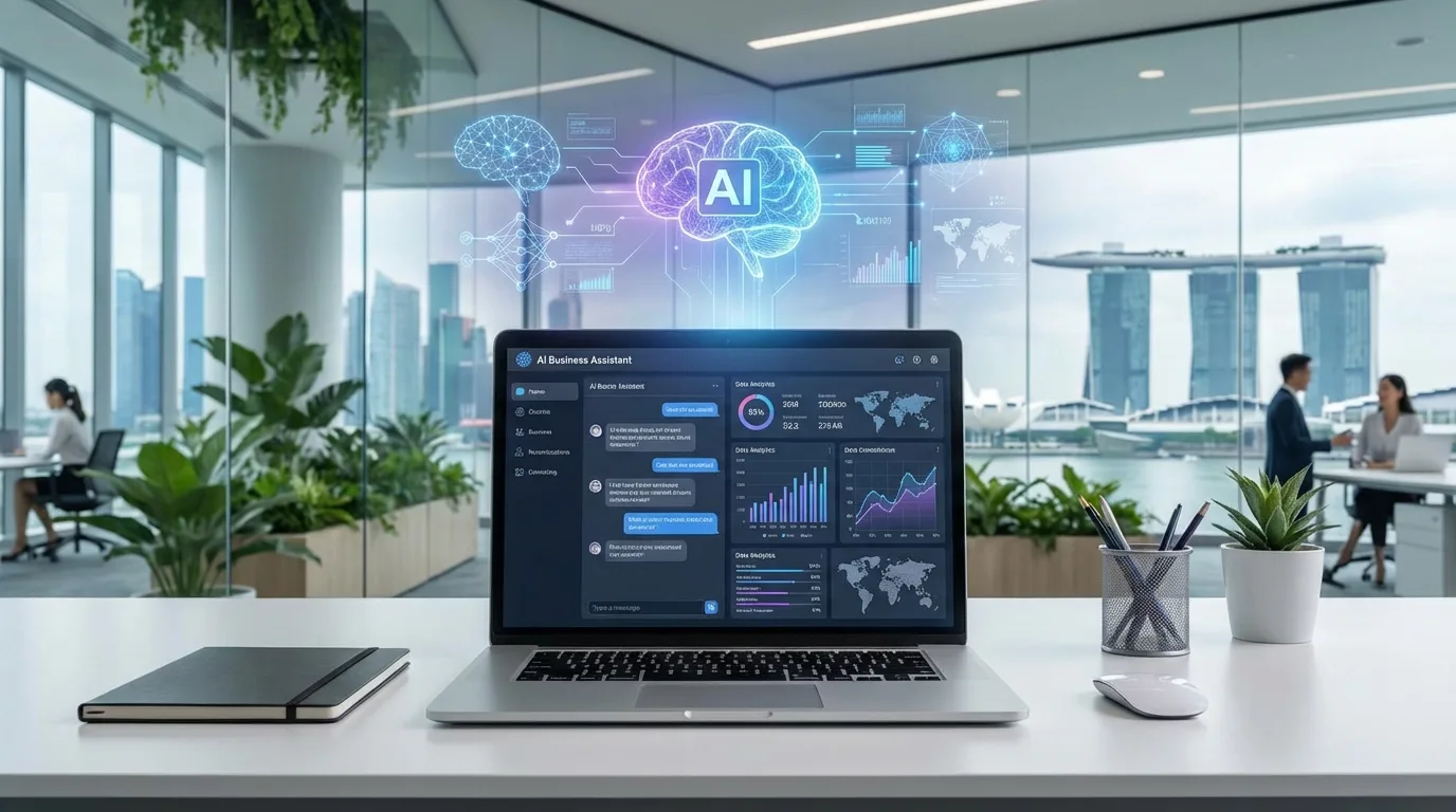Singapore business owner using AI tools on a laptop with data visualisation and automation workflow diagrams