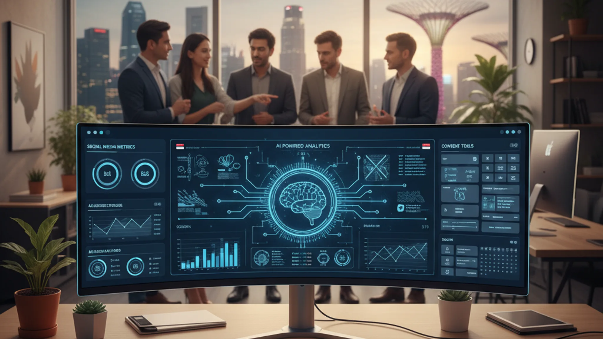 AI marketing tools dashboard displayed on a laptop in a Singapore office setting with data analytics and automation workflows