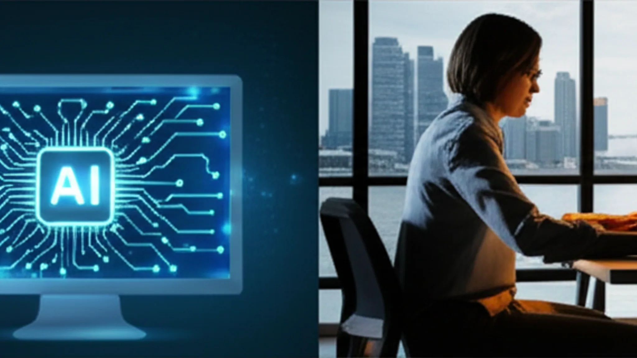 Split view comparing AI website builder interface with professional web designer working in a Singapore office