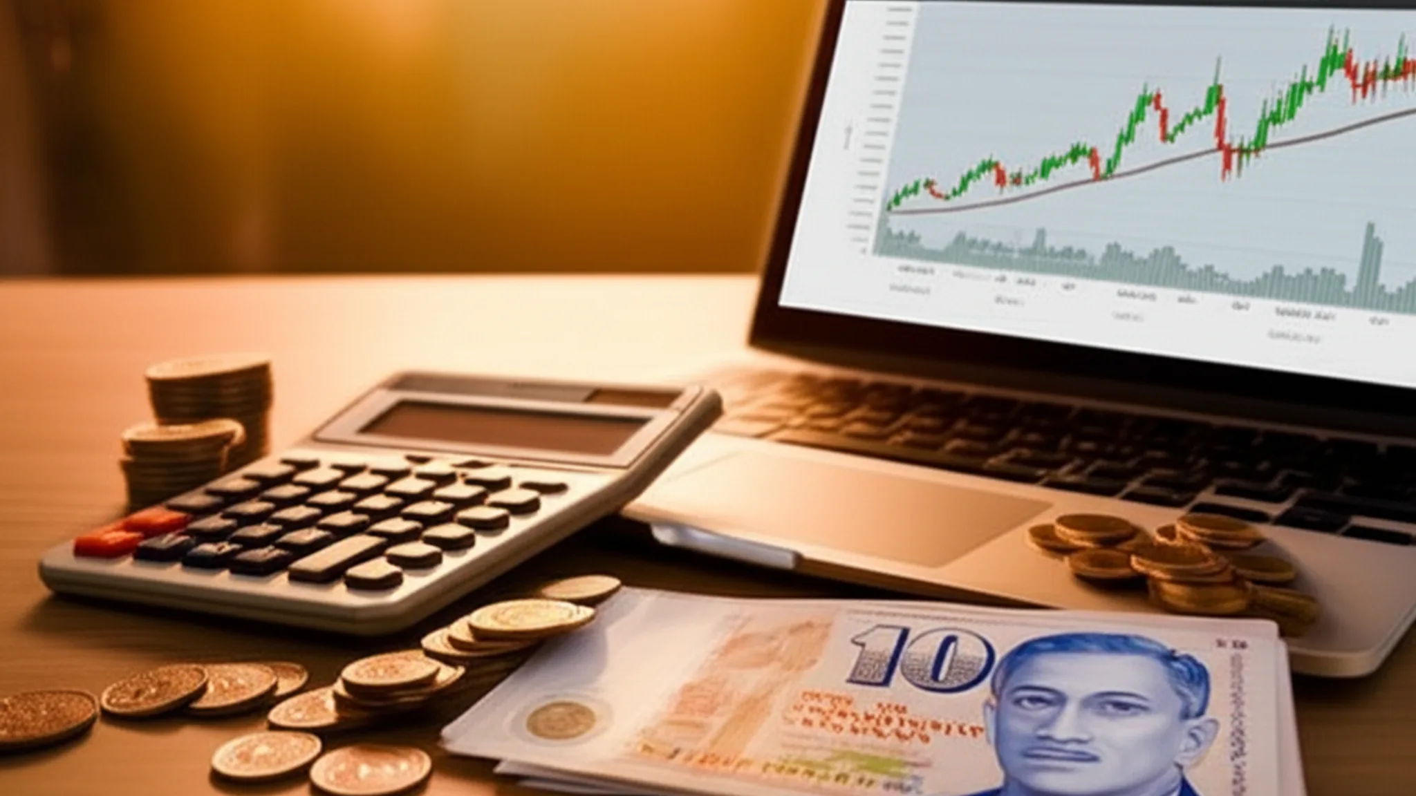 Cost comparison concept with calculator and laptop showing website design in a Singapore office