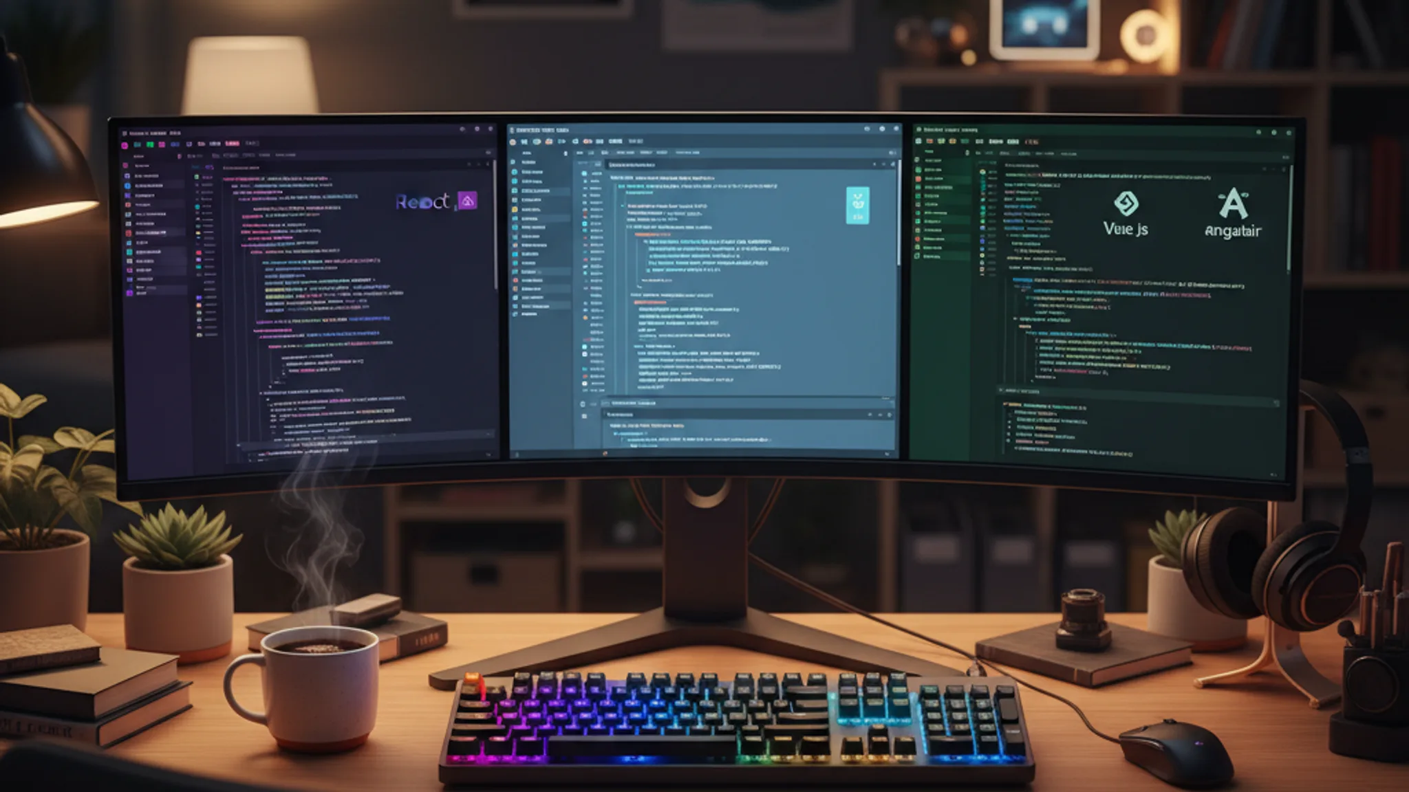 Three code editor screens displaying different web frameworks on an ultrawide monitor in a modern developer workspace