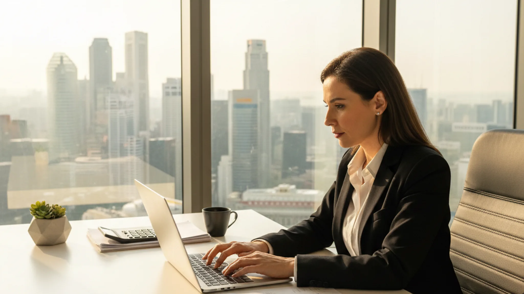 Professional accountant reviewing financial documents in a modern Singapore office, representing the best accounting firms in Singapore