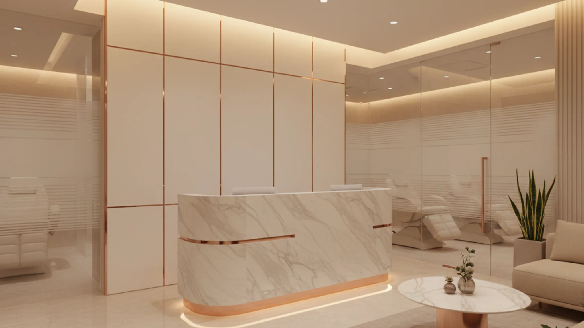 Modern aesthetic clinic interior in Singapore with clean minimalist reception area and soft lighting