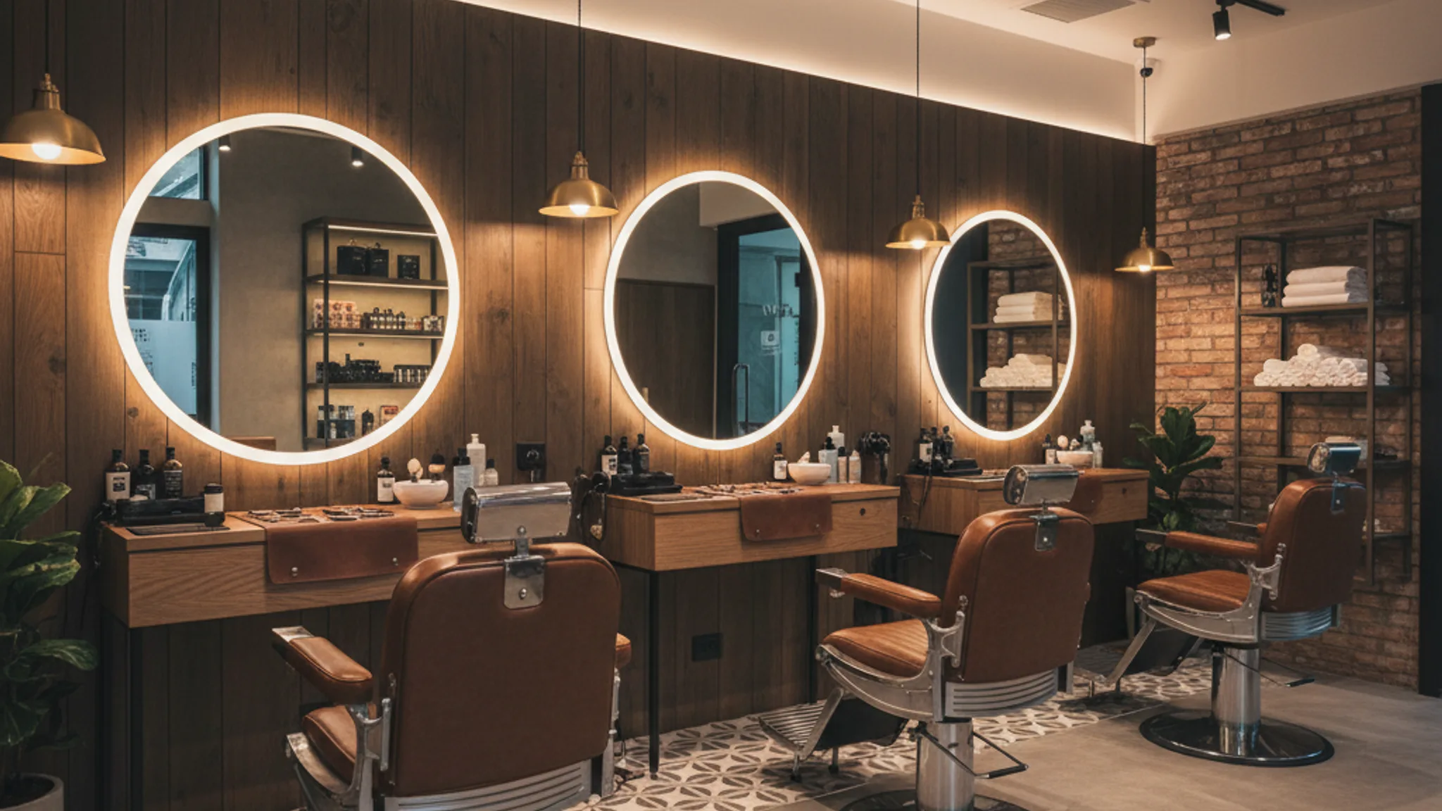 Premium barbershop interior in Singapore with leather barber chairs and warm lighting representing the best barbershops in Singapore