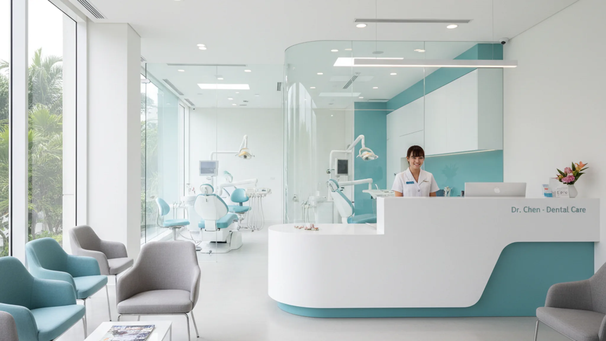 Modern dental clinic reception area in Singapore with clean minimalist interior and warm lighting
