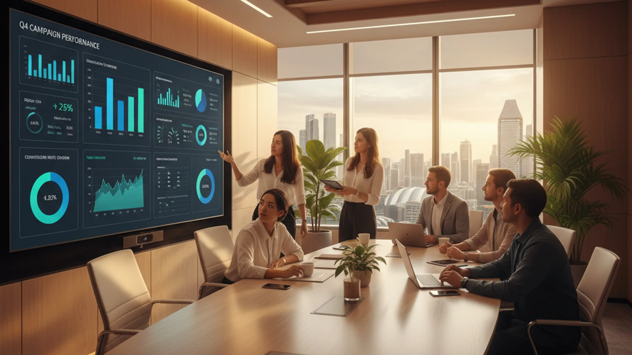 Marketing team reviewing campaign dashboards on a large screen in a modern Singapore boardroom