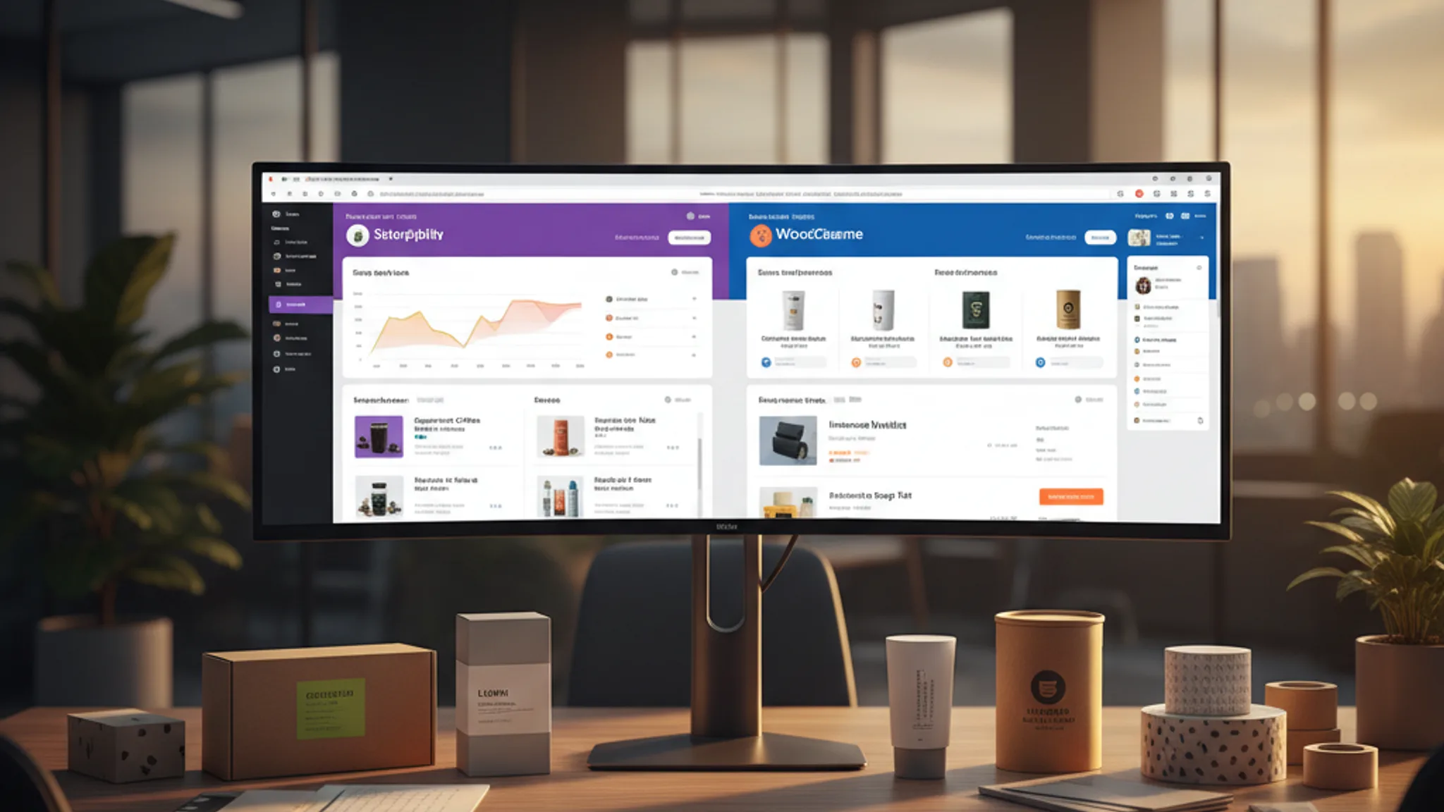 E-commerce platform dashboards showing Shopify and WooCommerce store interfaces on a widescreen monitor in a modern Singapore office
