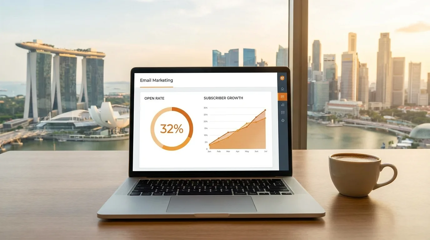 Email marketing platform dashboards displayed on a monitor in a modern Singapore office, showing campaign analytics and subscriber data