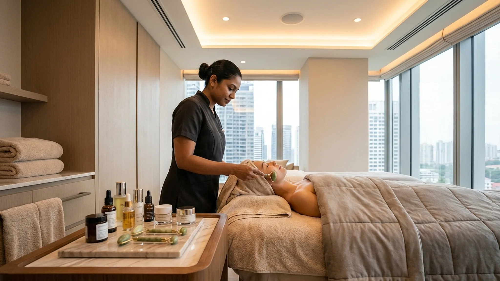 Luxury facial treatment being performed in a modern Singapore spa with warm ambient lighting and skincare products