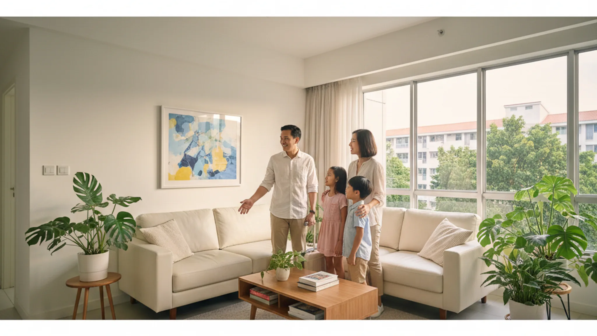 Happy family welcoming a domestic helper into a modern Singapore HDB apartment, representing the best maid agencies in Singapore