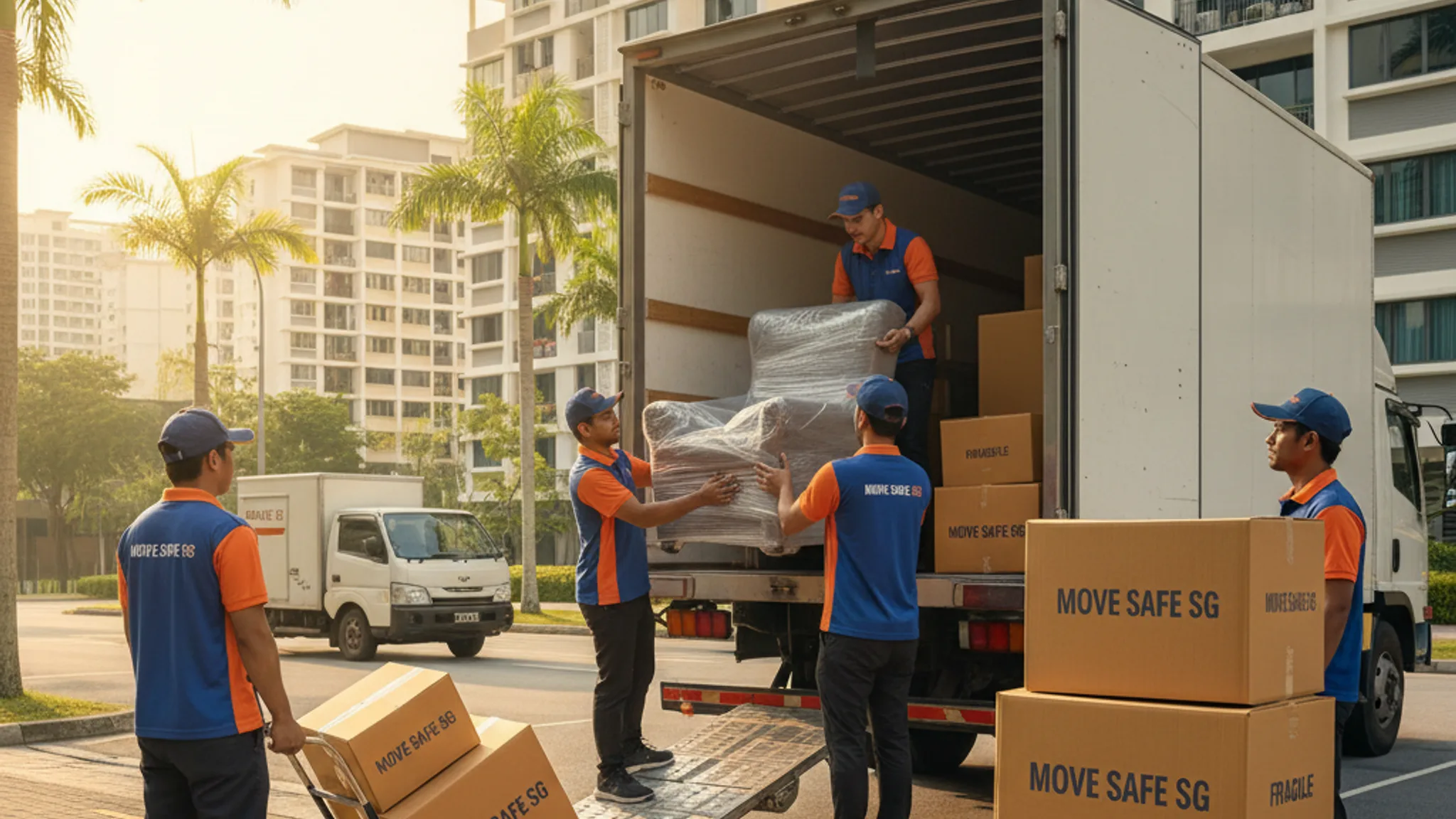 Professional movers loading furniture into a truck outside a Singapore HDB flat, representing the best movers in Singapore for 2026