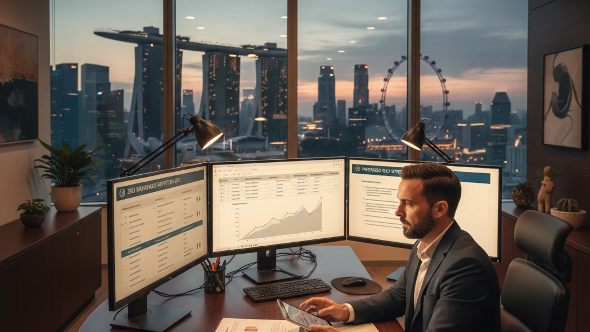 Business owner comparing SEO agency proposals and ranking reports on multiple screens in a modern Singapore office