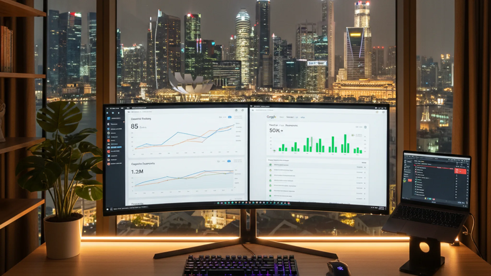 SEO tool dashboards displayed on an ultrawide monitor in a modern Singapore workspace with warm ambient lighting