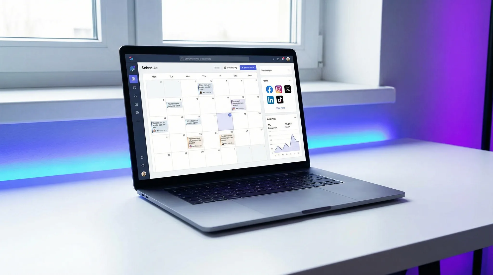 Social media management dashboard showing scheduled posts and analytics on a monitor in a Singapore office workspace