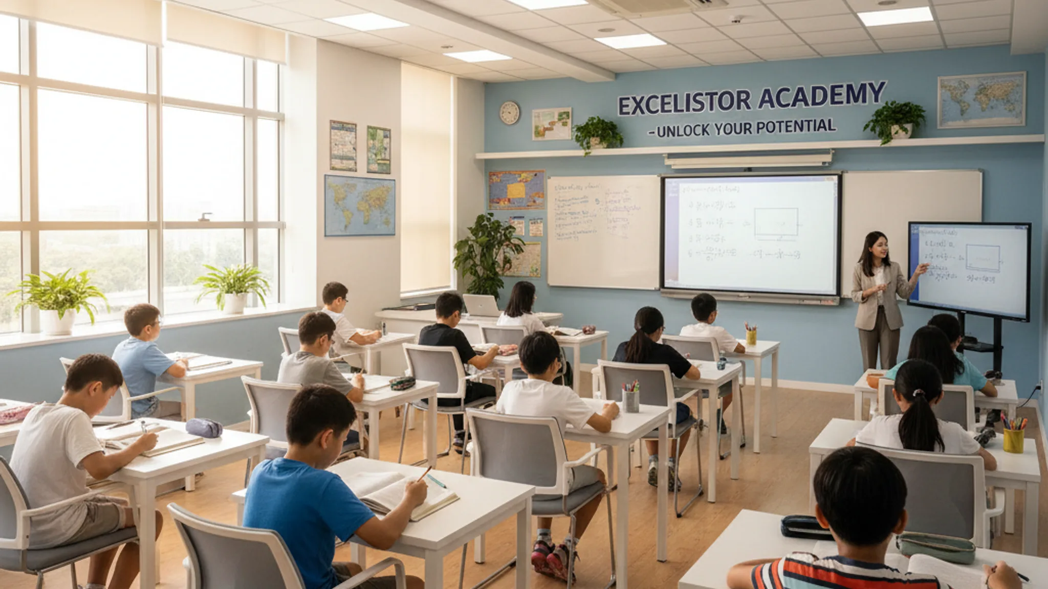 Modern tuition centre classroom in Singapore with students studying at desks in a bright learning environment
