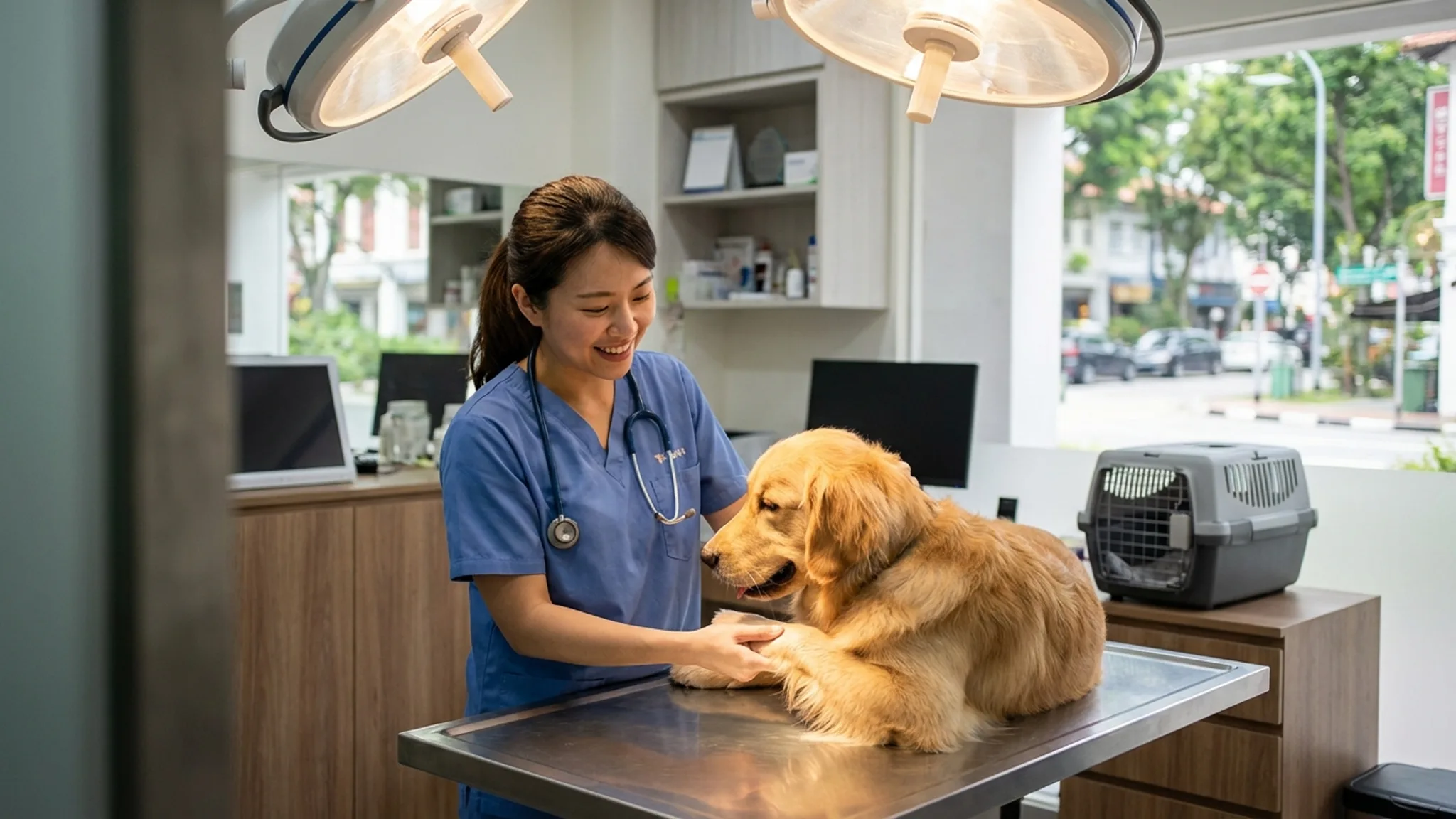 Veterinarian examining a dog in a modern Singapore veterinary clinic, representing the best veterinary clinics in Singapore for 2026