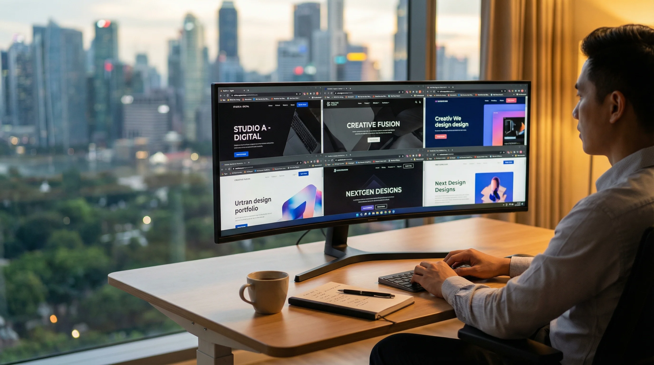 Professional reviewing web design agency portfolios on monitor in modern Singapore office