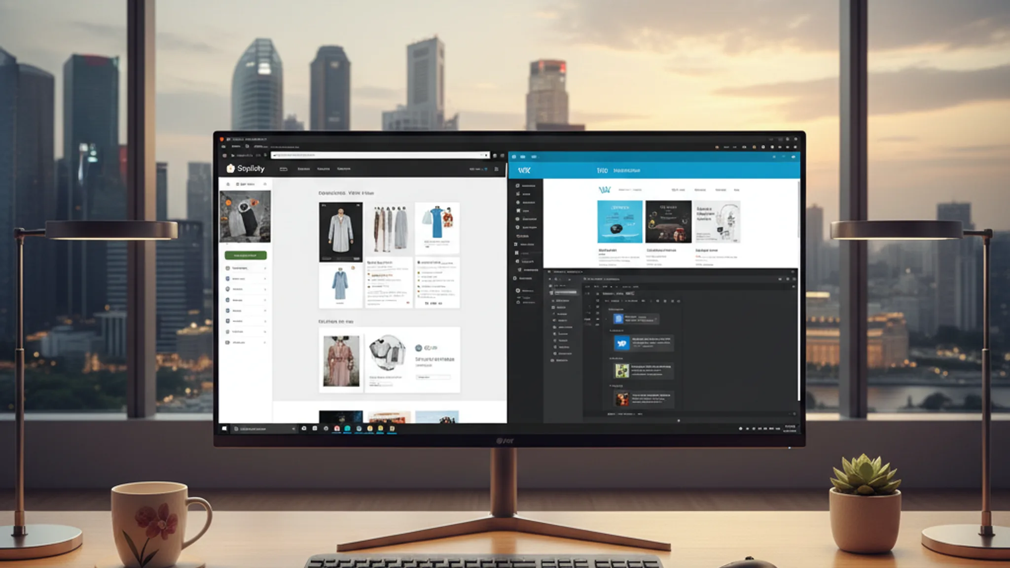 Multiple website builder interfaces displayed on a monitor in a modern Singapore office