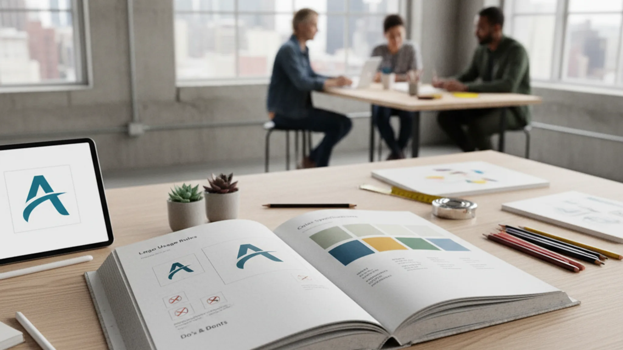 Open brand guidelines book showing logo usage and color specifications