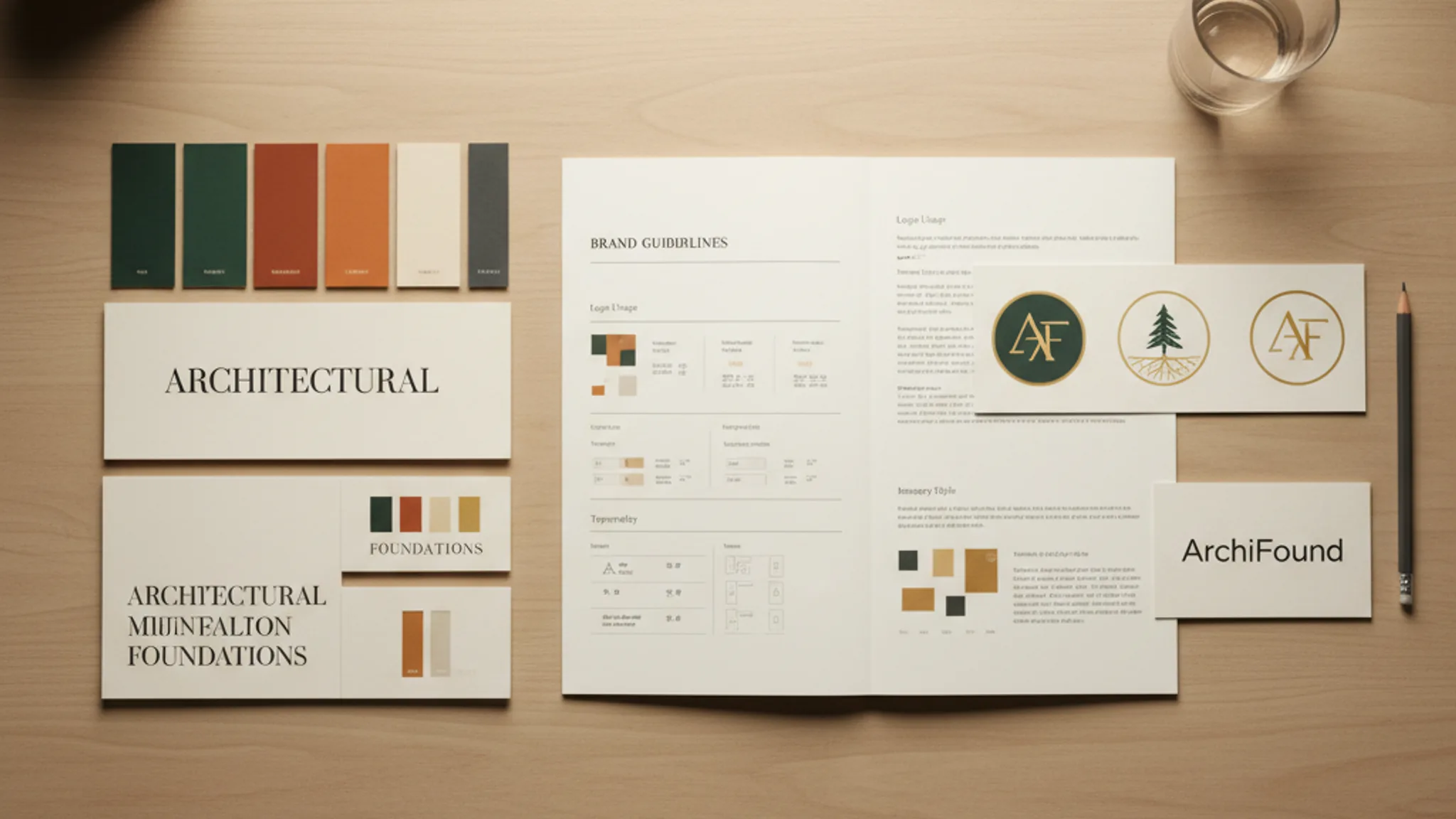 Brand identity mood board with colour swatches, typography samples, logo variations, and brand guidelines document on a modern desk