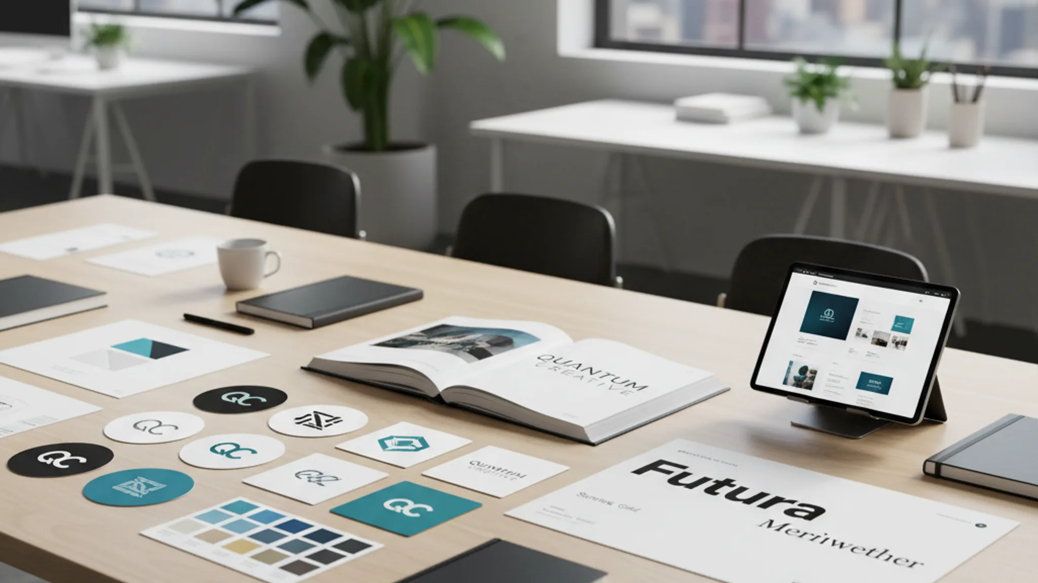 Brand identity materials including logo, color palette, and guidelines on conference table