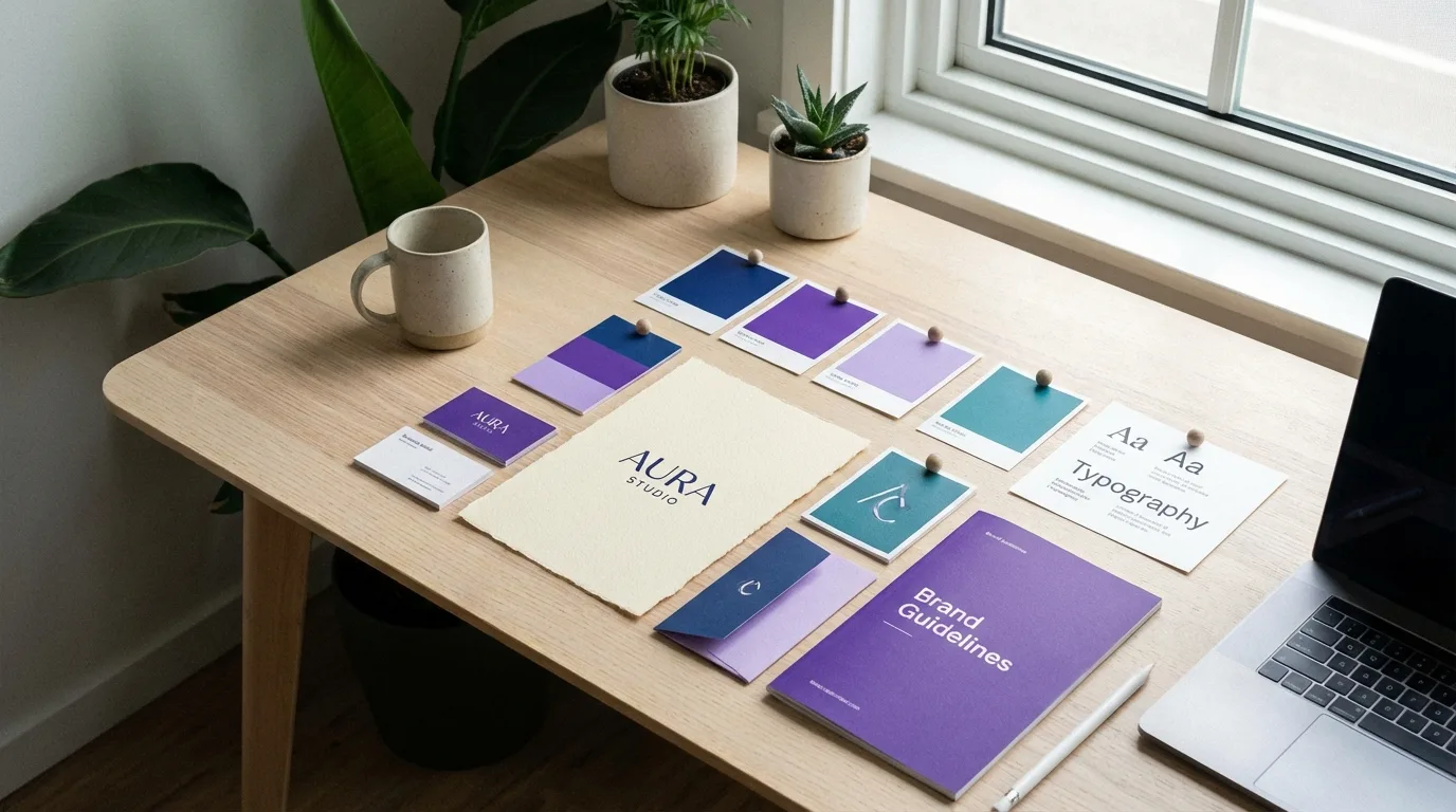 Brand identity design elements including logo, colour palette, typography, and business cards laid out on a desk