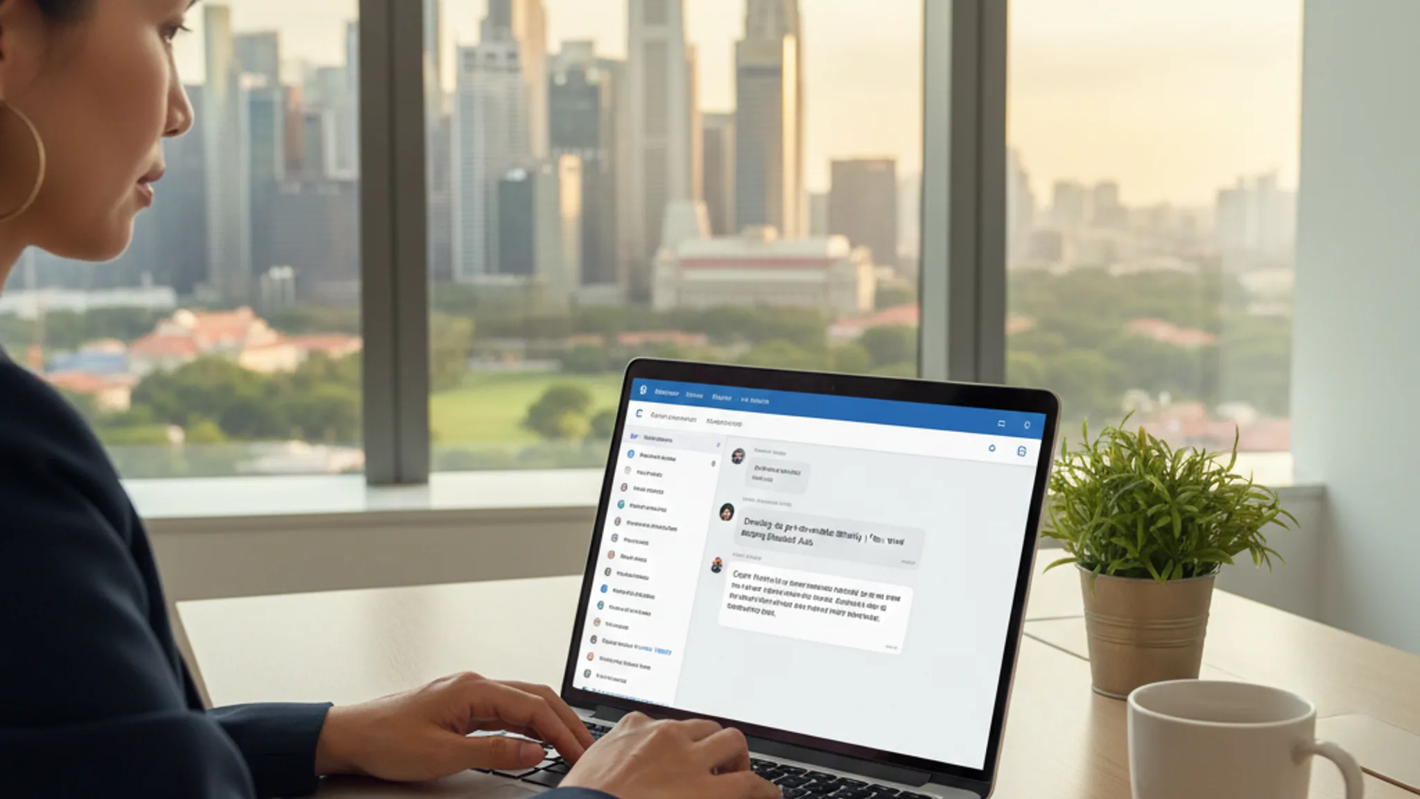 Singapore business owner using ChatGPT prompts on a laptop in a modern office with AI interface on screen