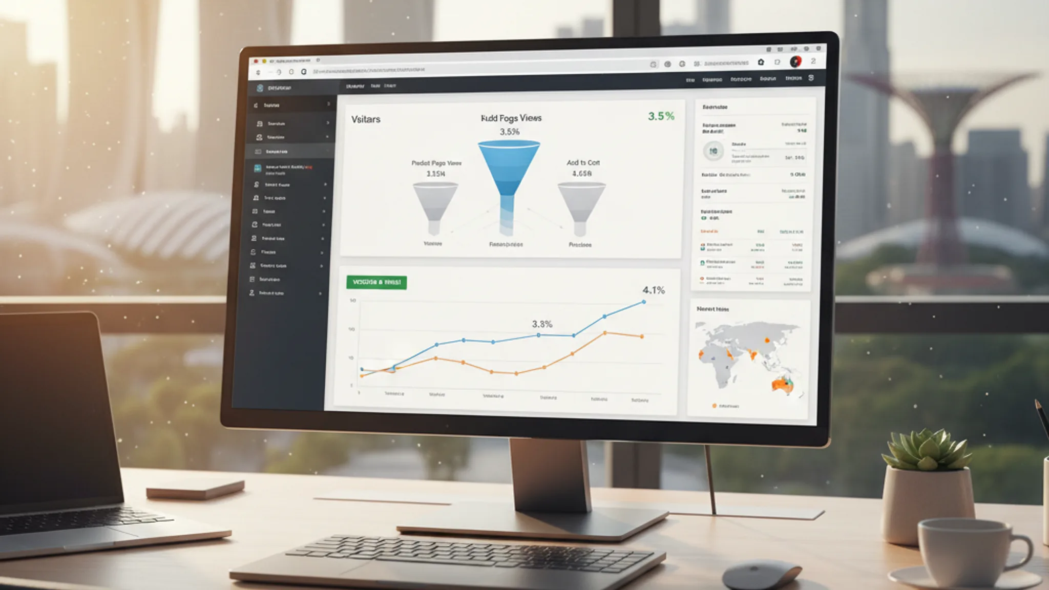 Website analytics dashboard showing conversion funnel with A/B test results on a widescreen monitor in a modern Singapore office