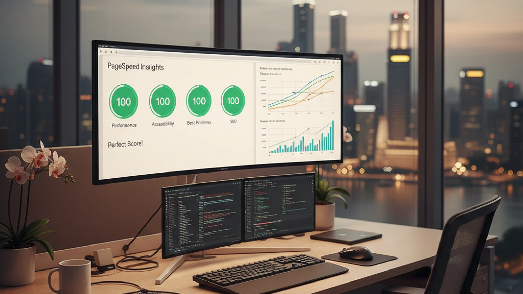 Google PageSpeed Insights showing high performance scores on a monitor in a modern Singapore workspace