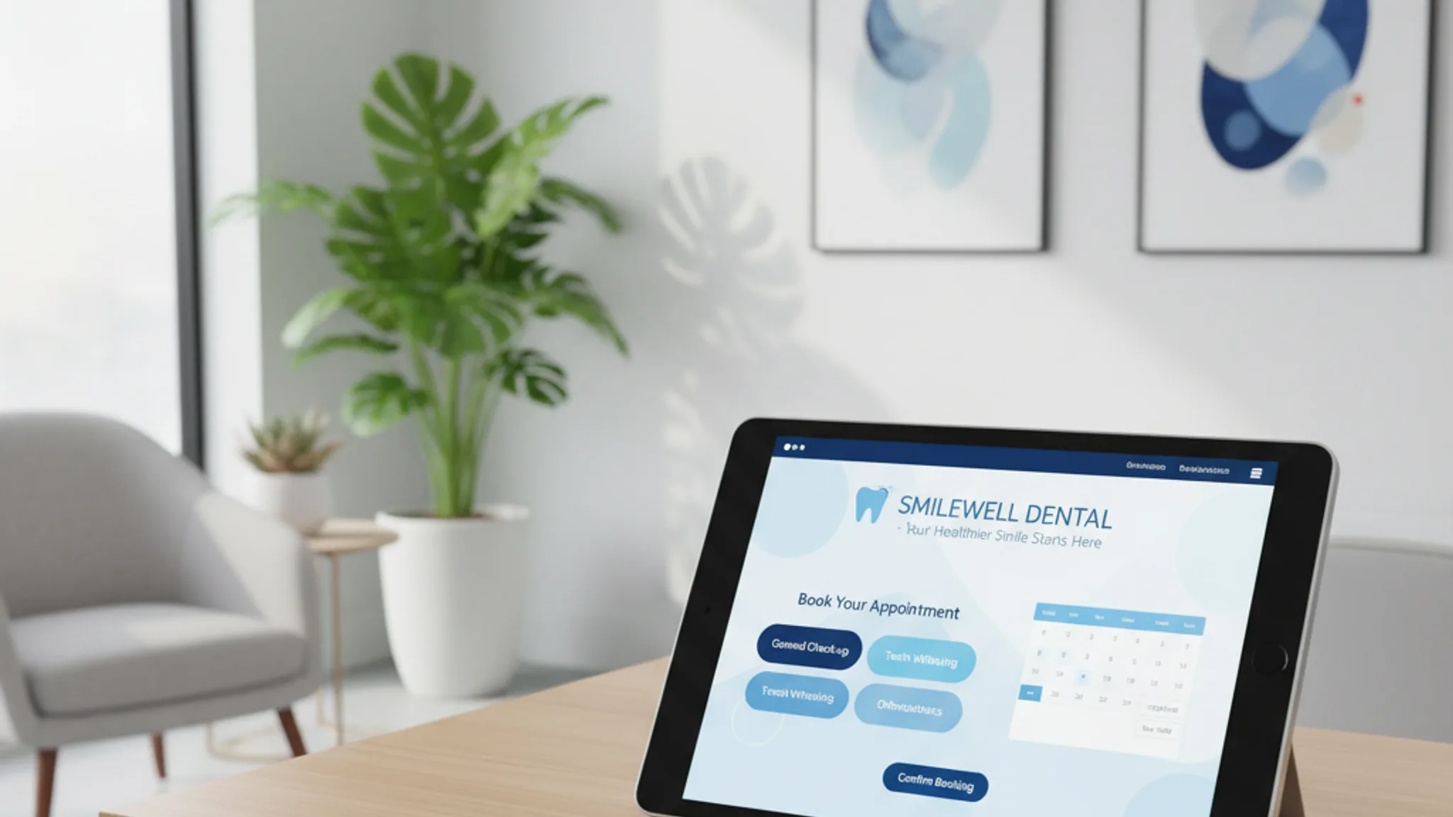 Dental clinic website with online booking on tablet in clinical setting