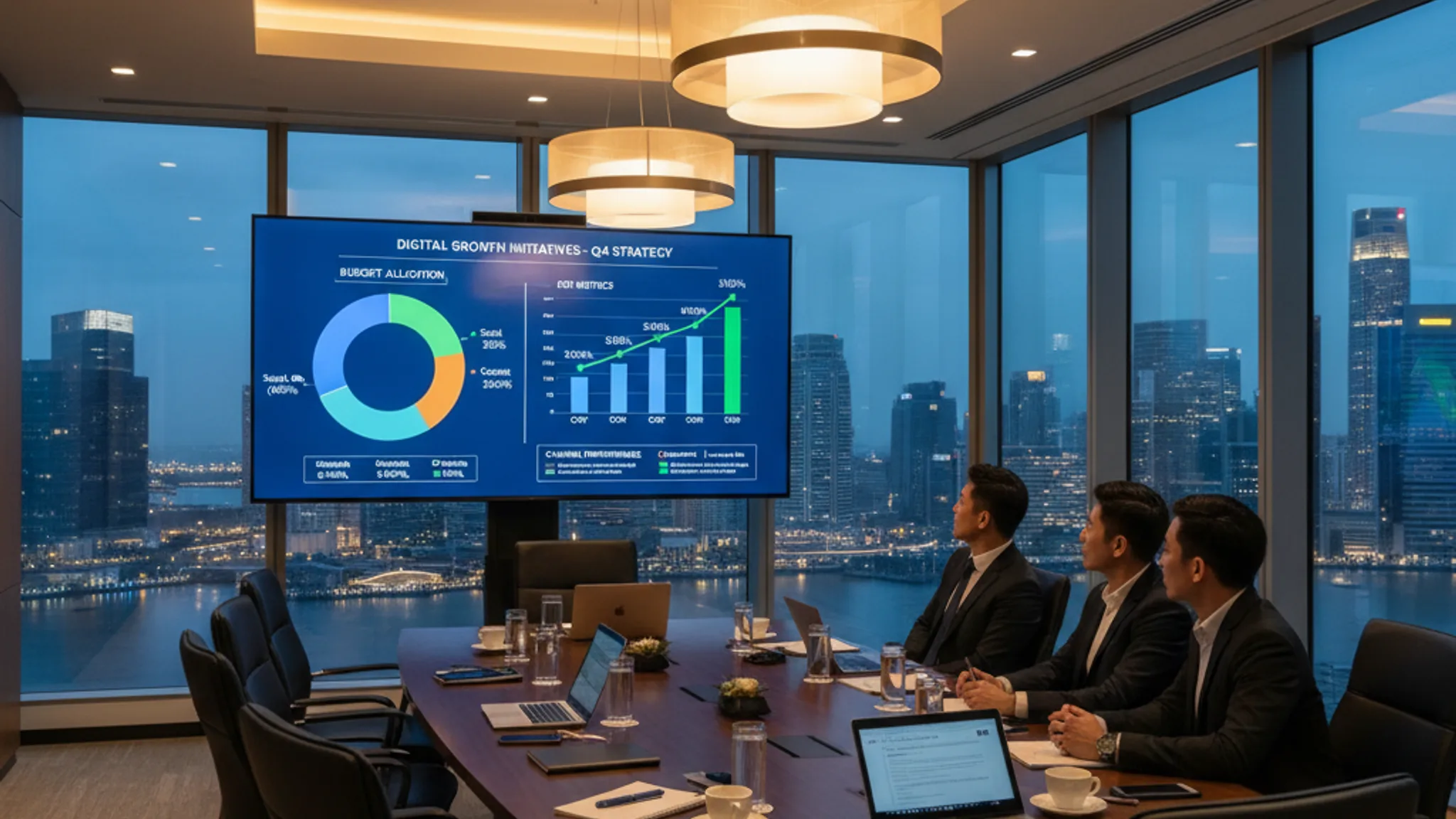 Digital marketing strategy presentation showing budget allocation charts and ROI metrics on a large screen in a modern Singapore office boardroom