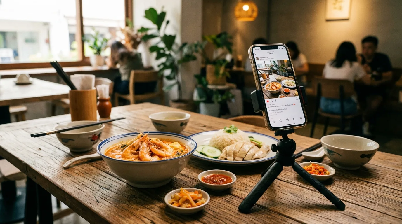 Modern Singapore restaurant interior with smartphone showing the restaurant website and Google Maps listing