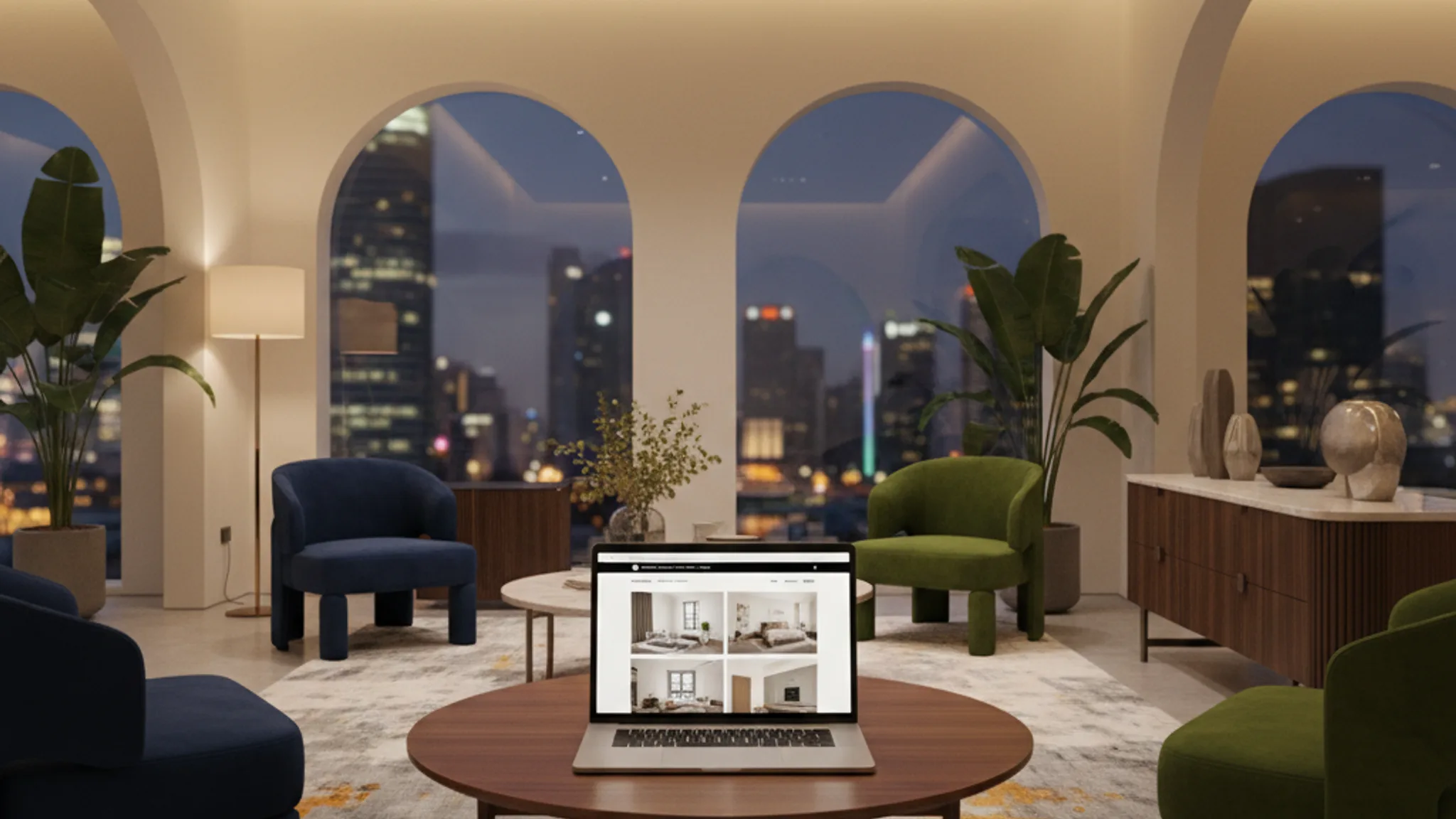 Interior design portfolio website displayed on a laptop in a stylish Singapore showroom with modern furniture and warm ambient lighting