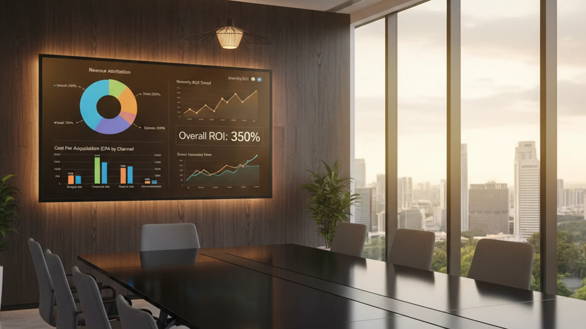 Marketing ROI dashboard showing revenue attribution charts and cost per acquisition metrics on a monitor in a modern Singapore boardroom