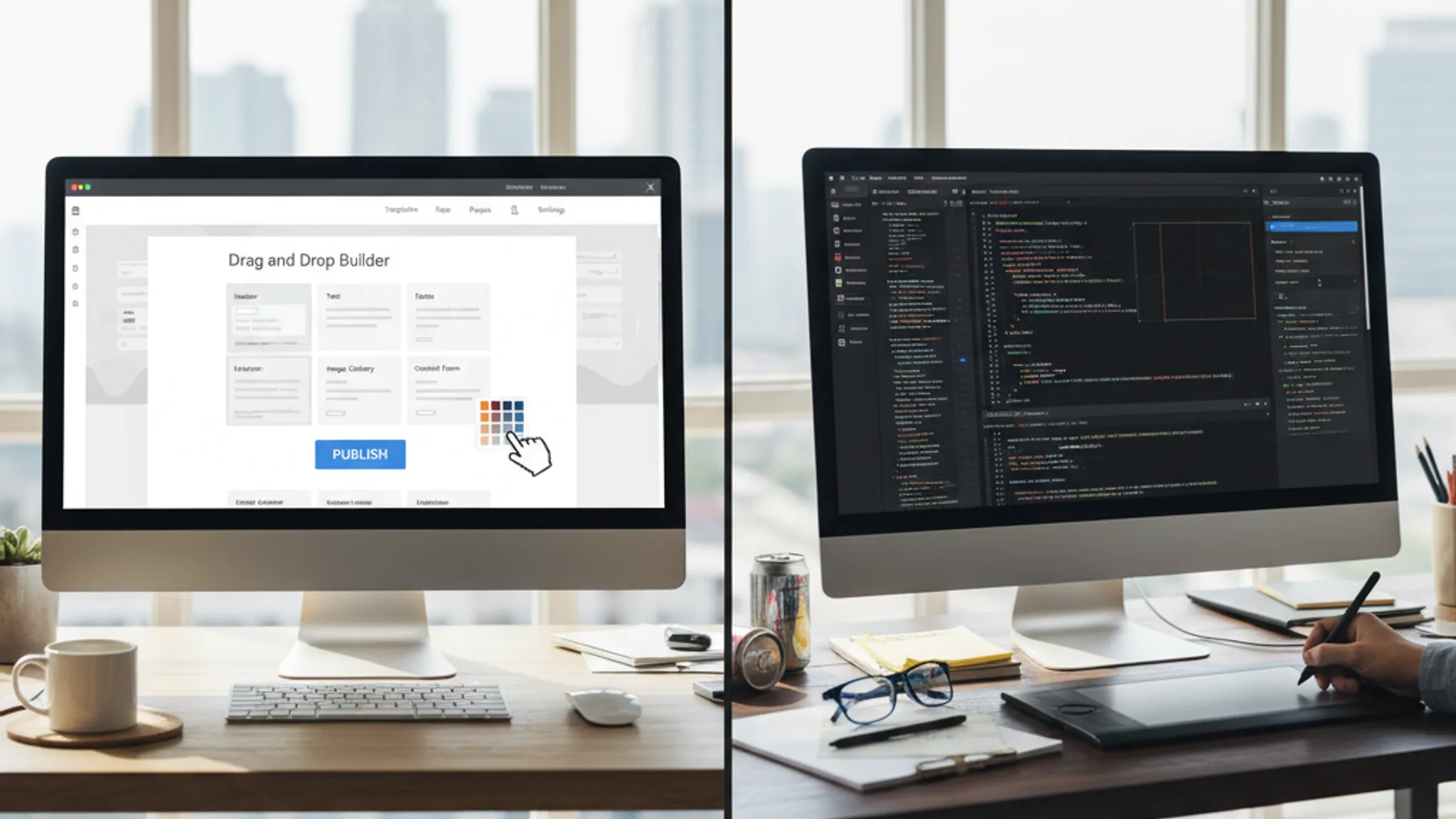 Split view comparing DIY website builder and professional designer workspace