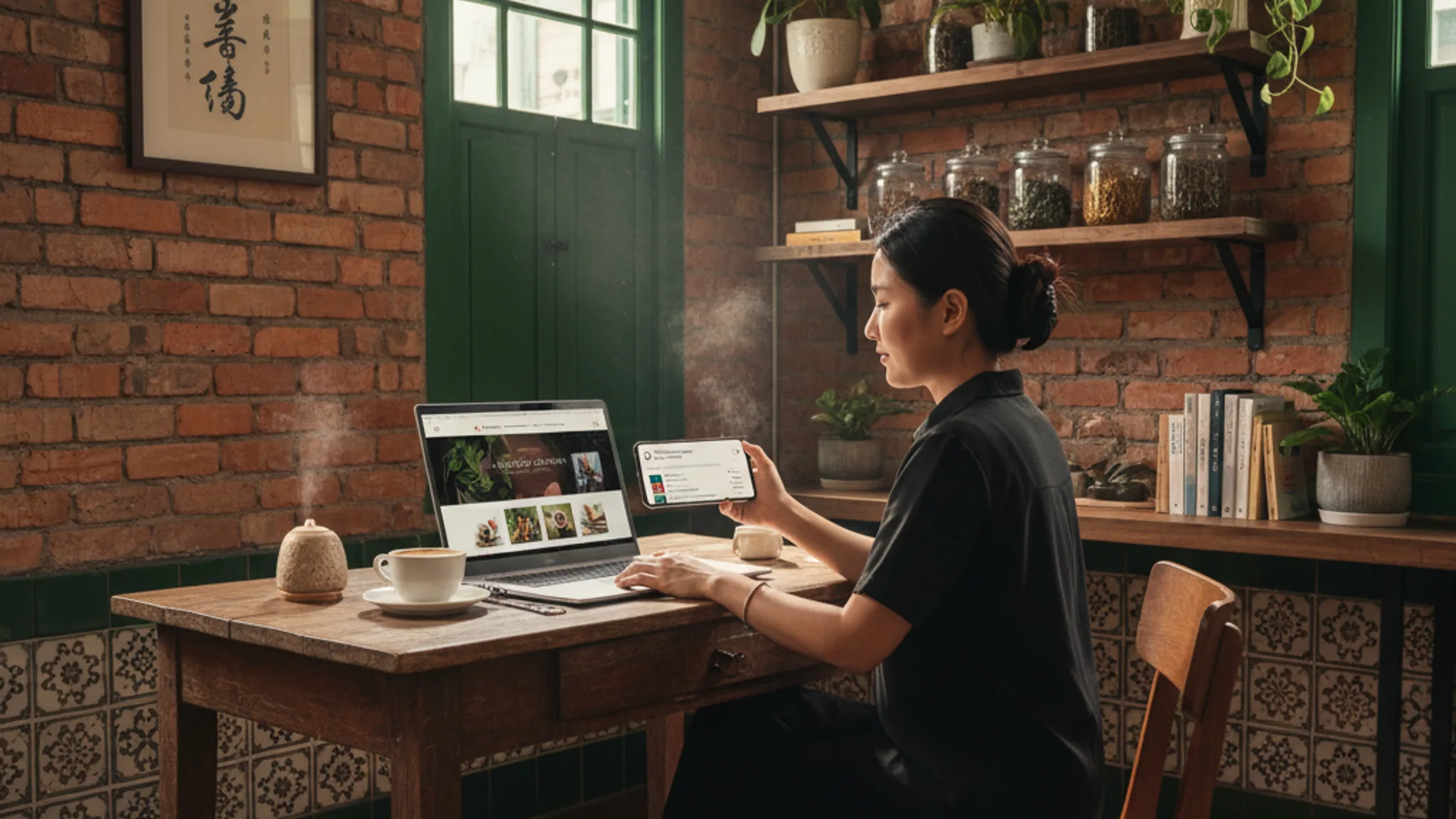 Small business owner viewing professional website on laptop in Singapore office