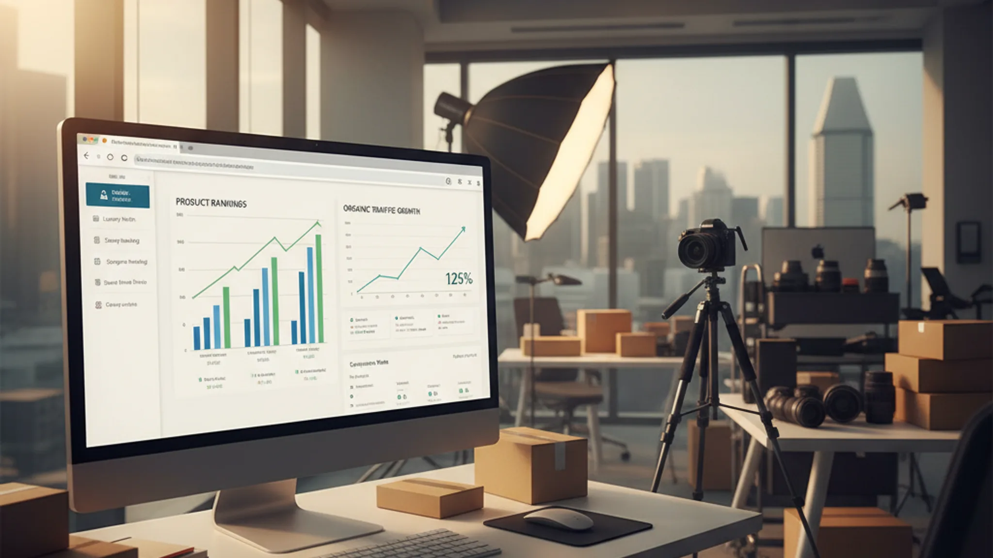 E-commerce analytics dashboard showing product rankings and organic traffic growth on a widescreen monitor in a Singapore office