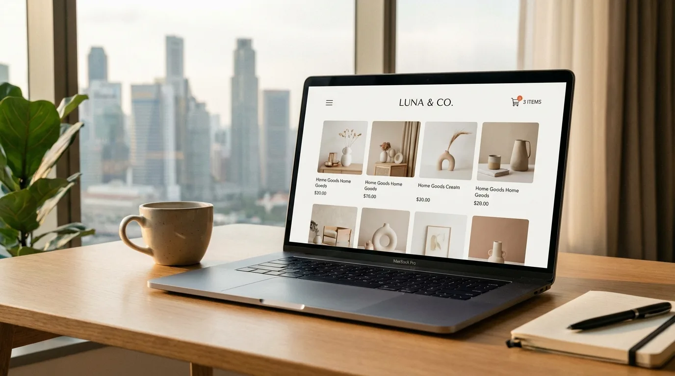 E-commerce website dashboard showing product listings and sales analytics on a laptop in a Singapore office