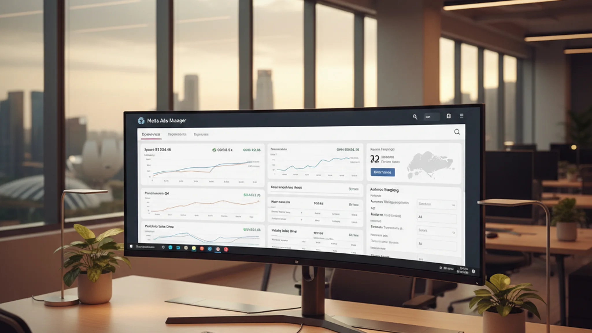 Facebook and Instagram ads manager dashboard displaying campaign performance metrics in a modern Singapore office