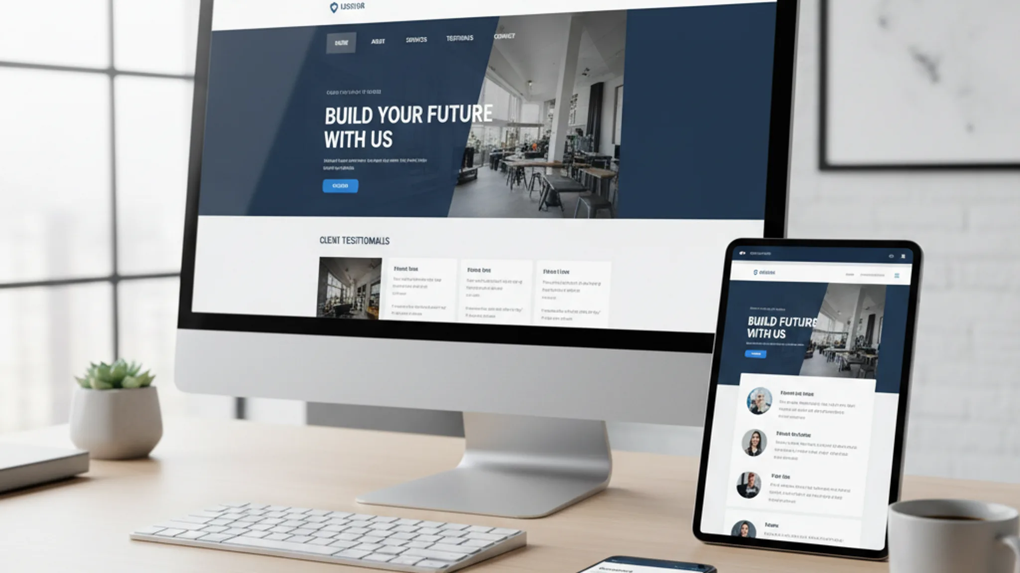 Responsive website displayed across desktop tablet and smartphone on clean desk