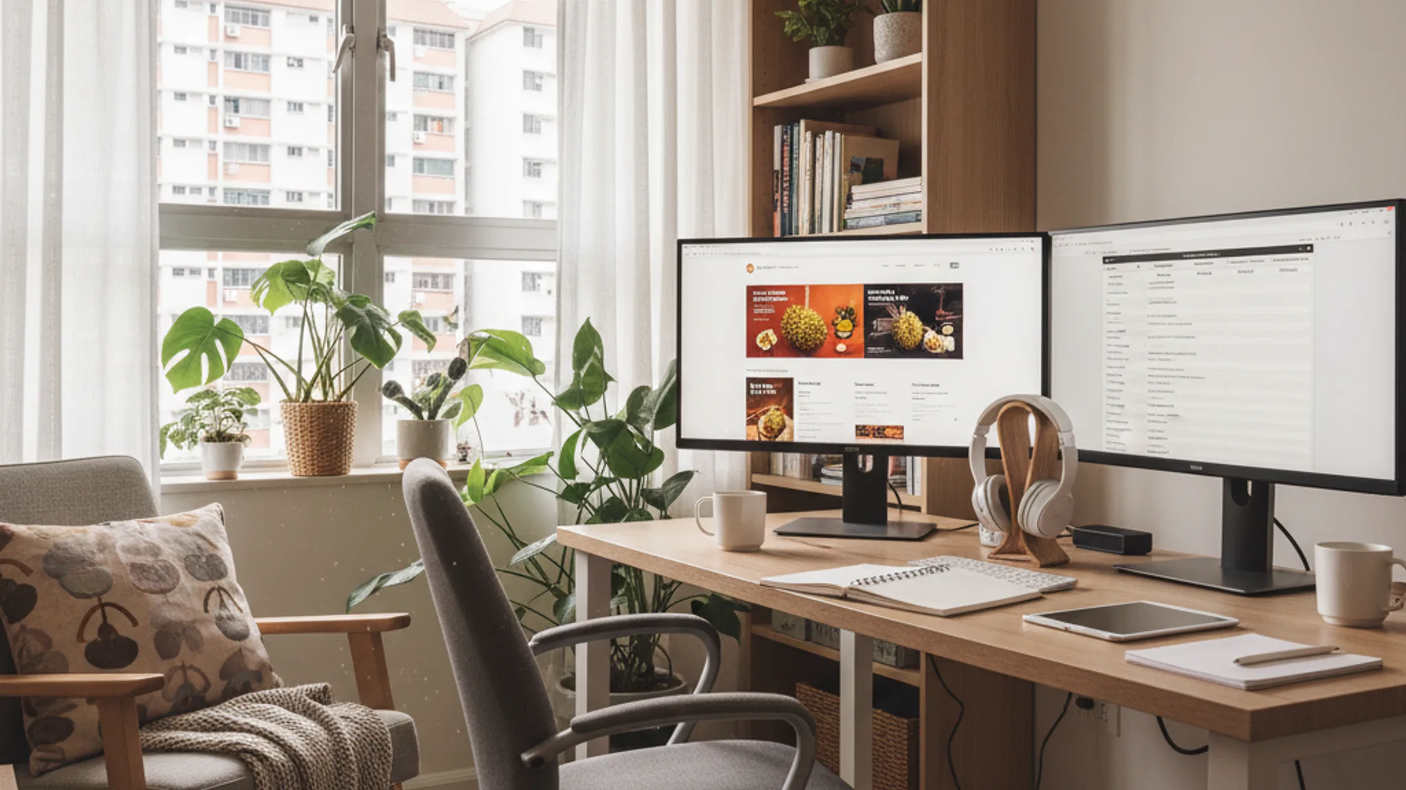 Freelance web designer workspace with dual monitors in Singapore home office