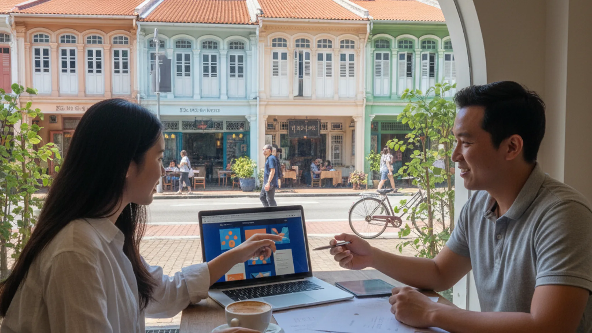 Freelance designer collaborating with small business owner at Singapore cafe