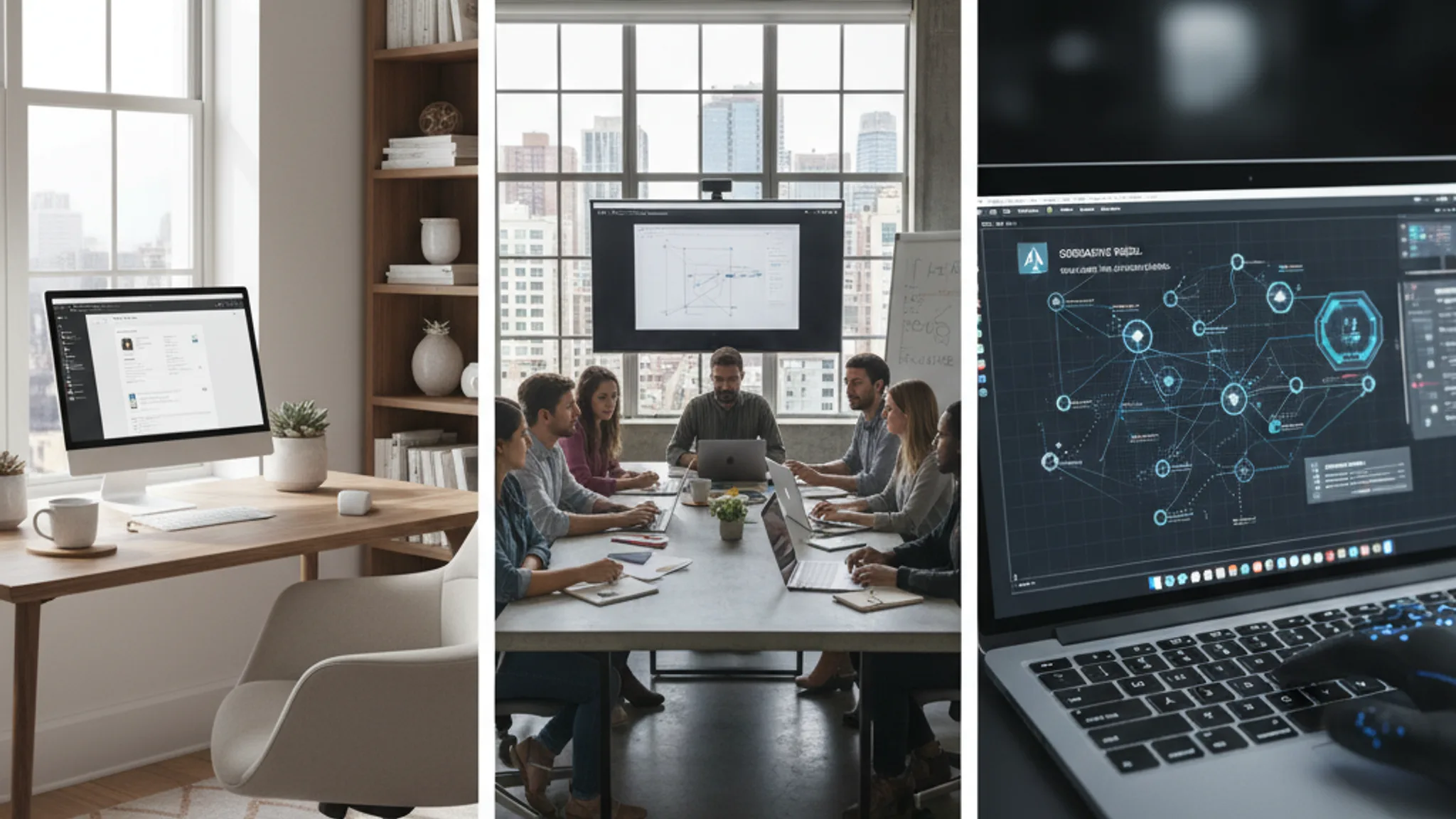 Three workspace setups comparing freelancer agency and AI builder approaches