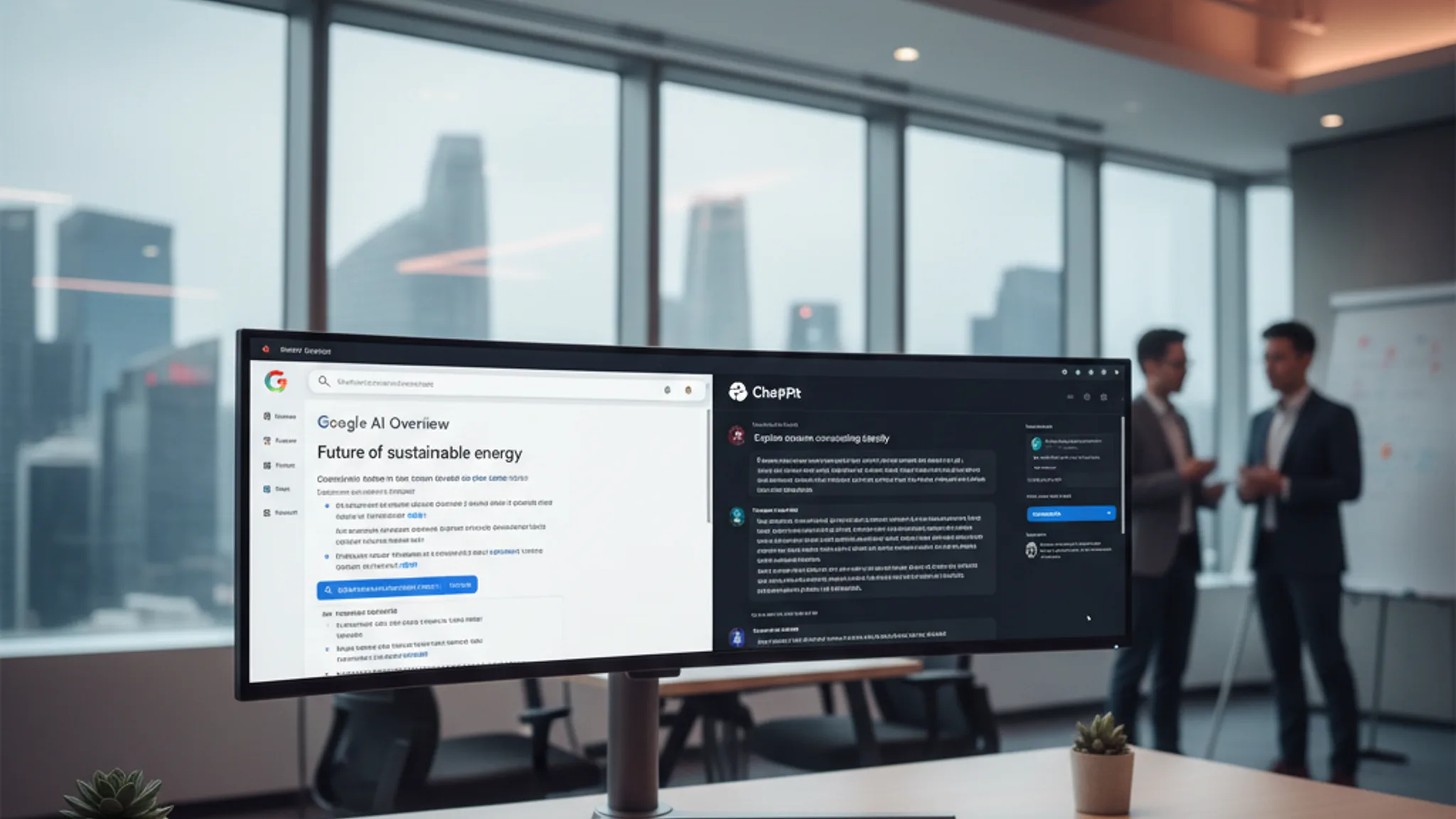 AI search interface showing Google AI Overview and ChatGPT results side by side on a modern ultrawide monitor in a Singapore tech office