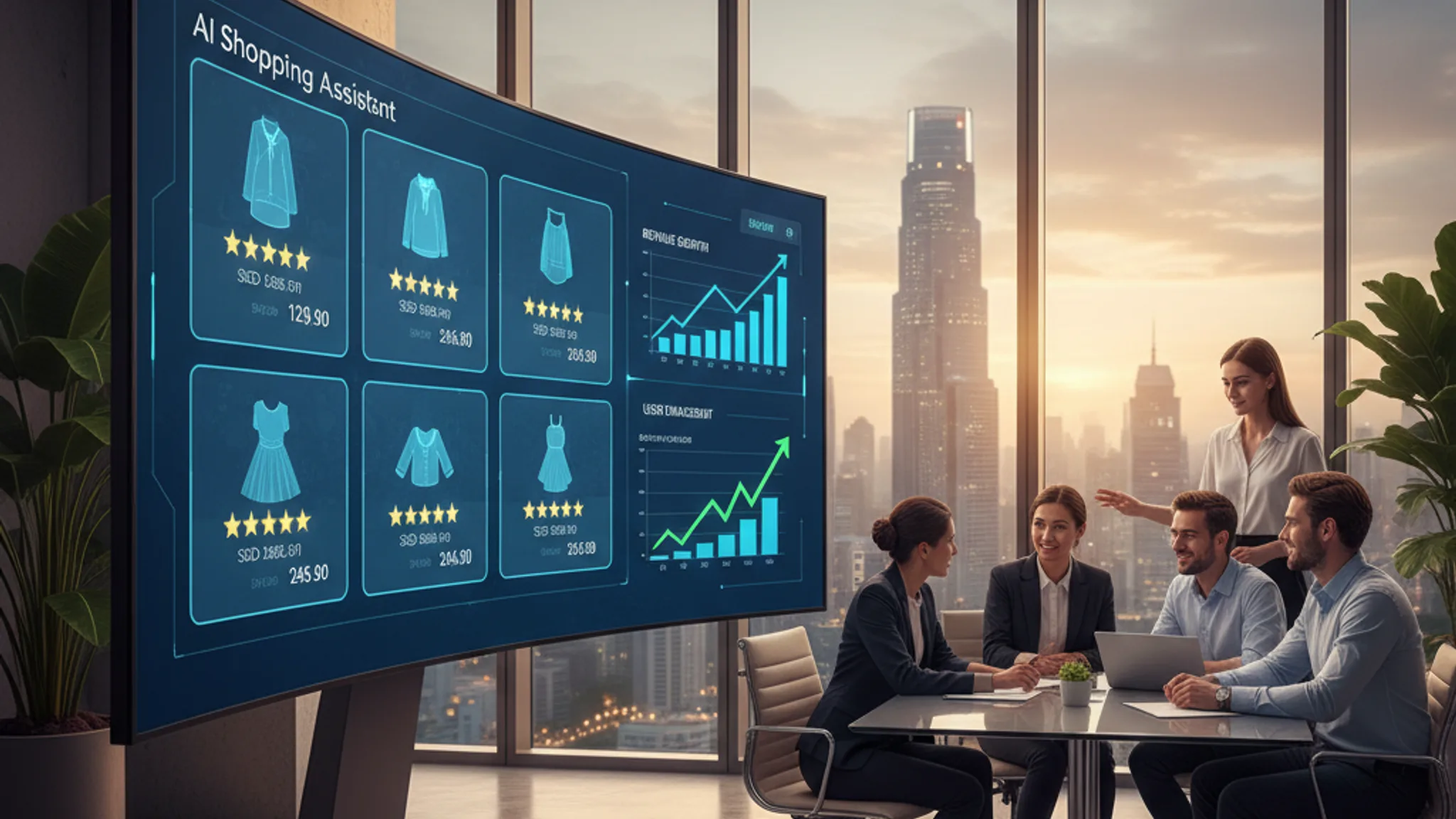 AI shopping assistant interface showing product recommendations alongside a Singapore e-commerce store dashboard on a modern monitor