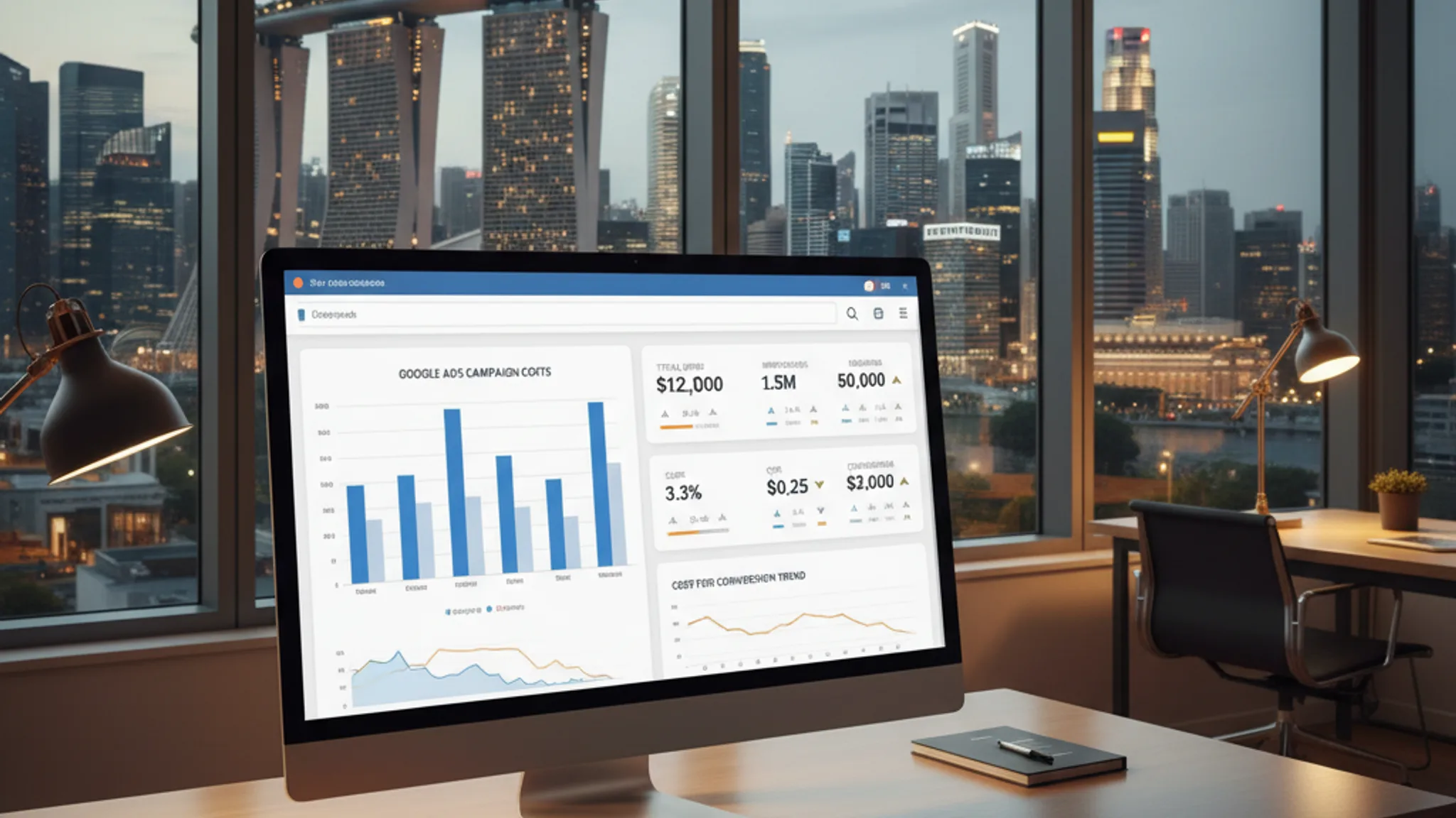 Marketing dashboard showing Google Ads campaign costs and performance metrics in a Singapore office setting